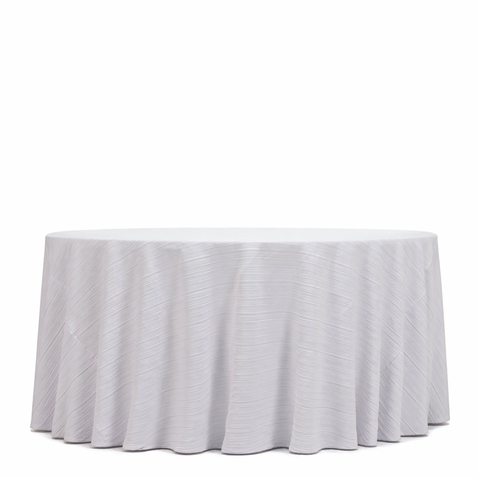 White accordion pleated scuba tablecloth 120" round, wrinkle-free and stain-resistant.