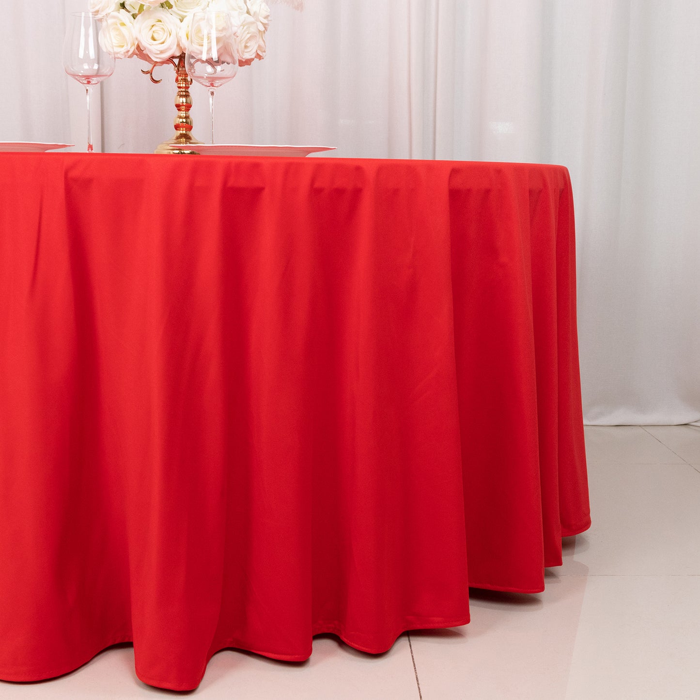 120" Red Premium Scuba Wrinkle Free Round Tablecloth, Seamless Scuba Polyester Tablecloth