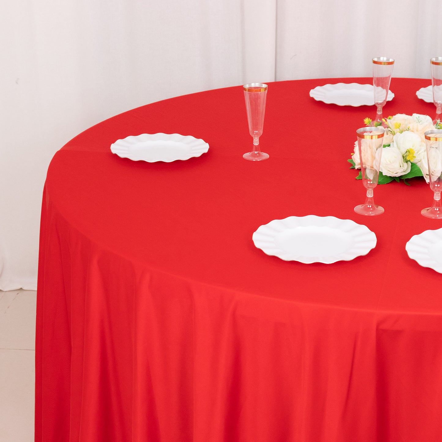 120" Red Premium Scuba Wrinkle Free Round Tablecloth, Seamless Scuba Polyester Tablecloth