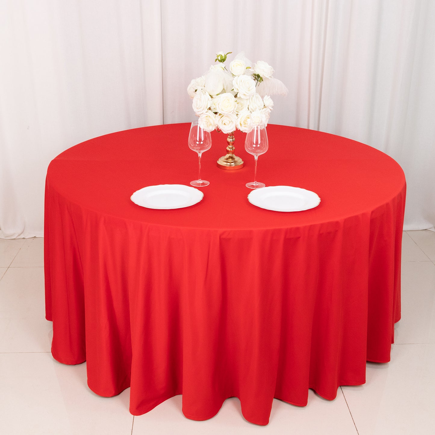 120" Red Premium Scuba Wrinkle Free Round Tablecloth, Seamless Scuba Polyester Tablecloth