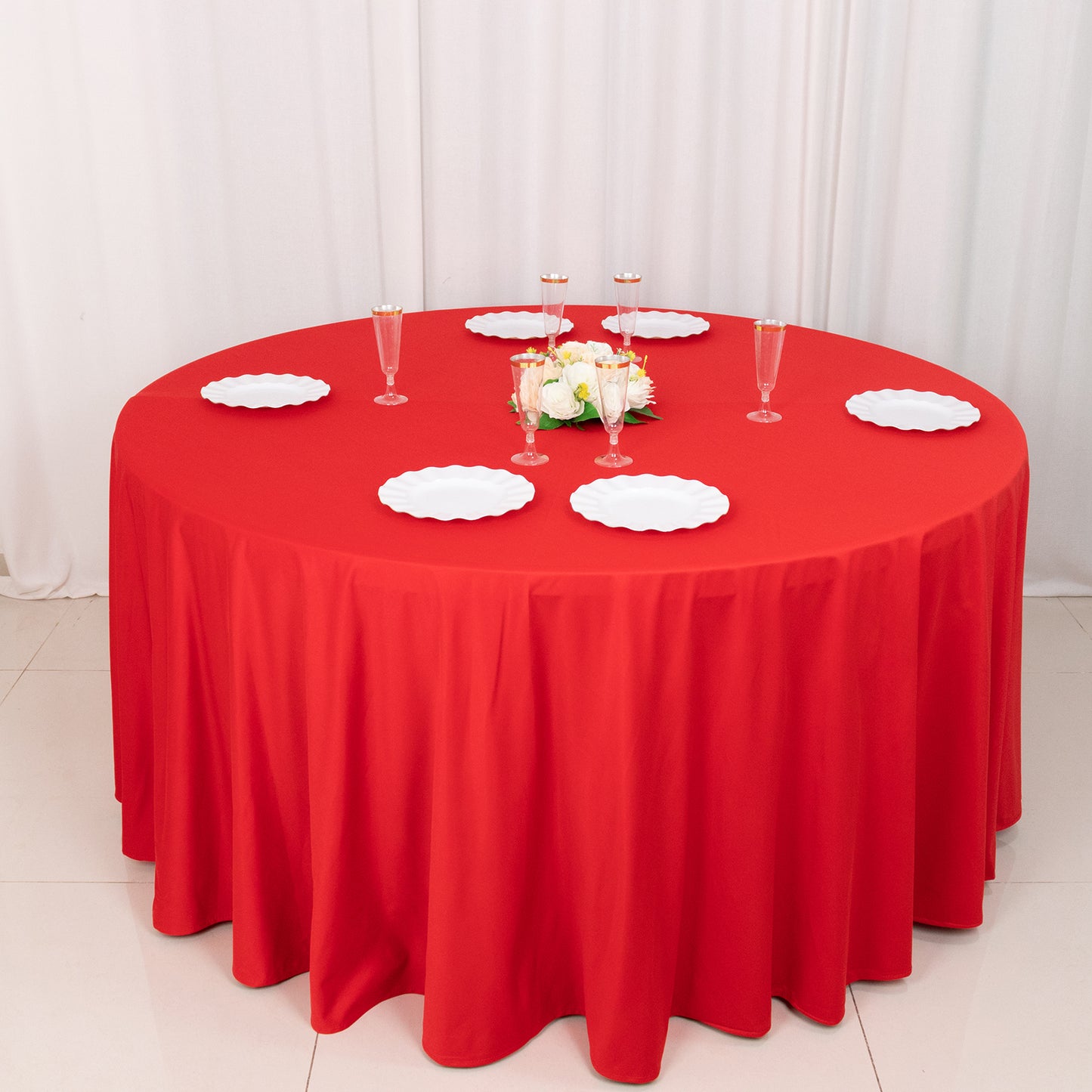 120" Red Premium Scuba Wrinkle Free Round Tablecloth, Seamless Scuba Polyester Tablecloth