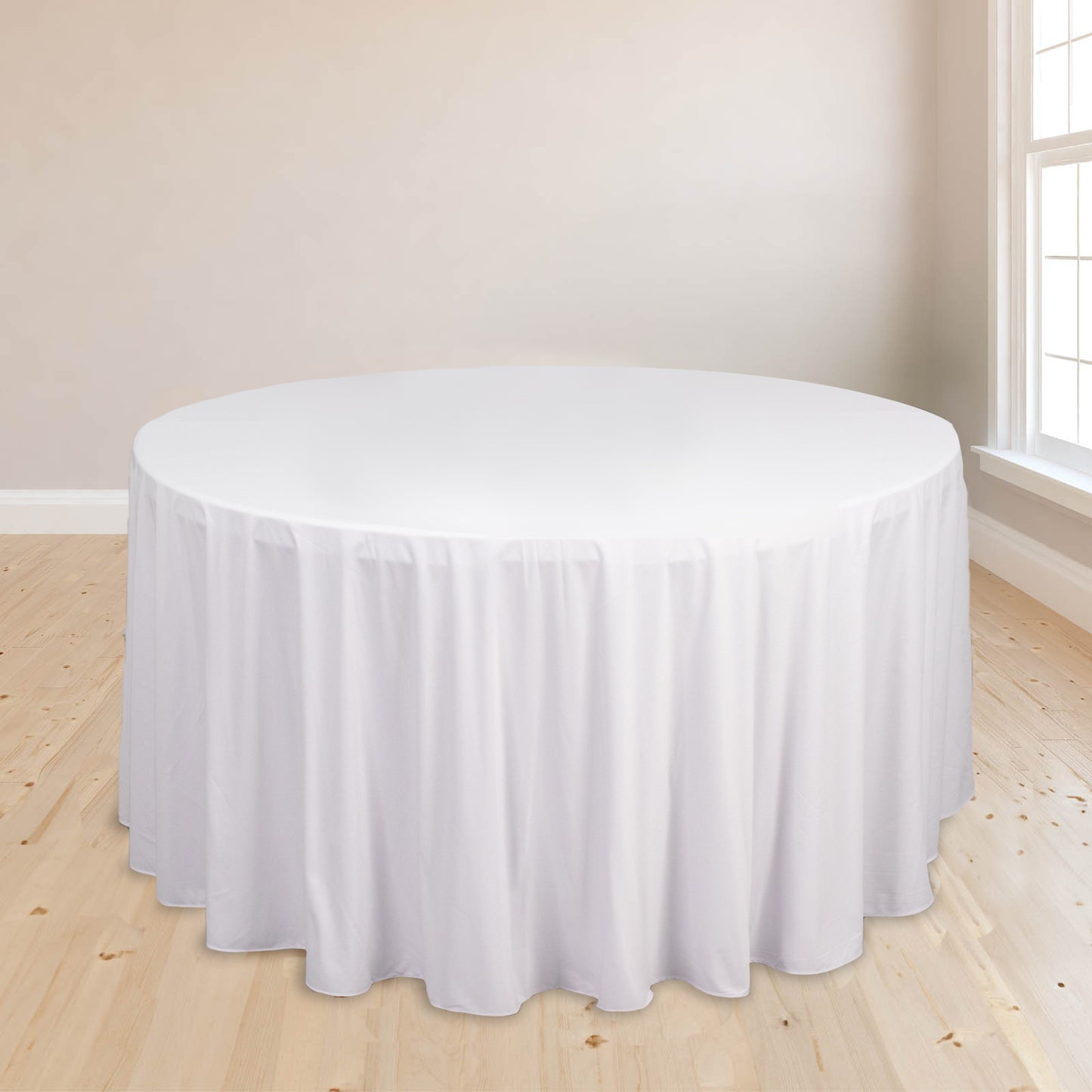 120" White Premium Scuba Wrinkle Free Round Tablecloth, Seamless Scuba Polyester Tablecloth