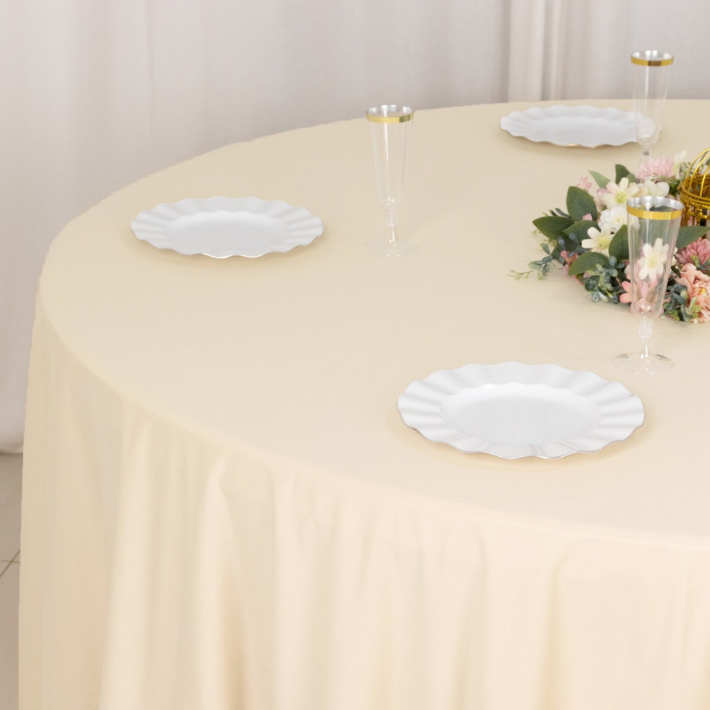 132" Beige Premium Scuba Wrinkle Free Round Tablecloth, Seamless Scuba Polyester Tablecloth