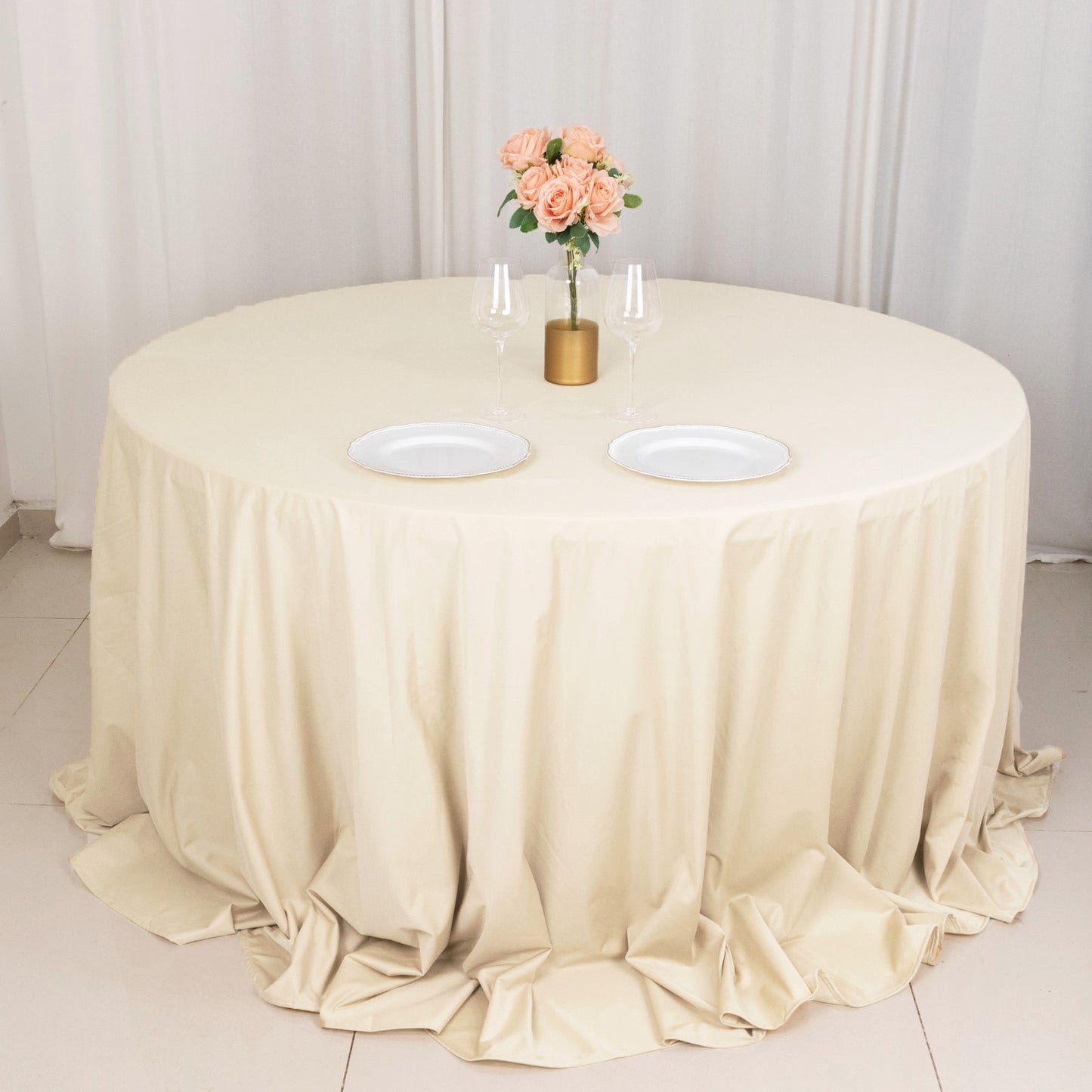 132" Beige Premium Scuba Wrinkle Free Round Tablecloth, Seamless Scuba Polyester Tablecloth