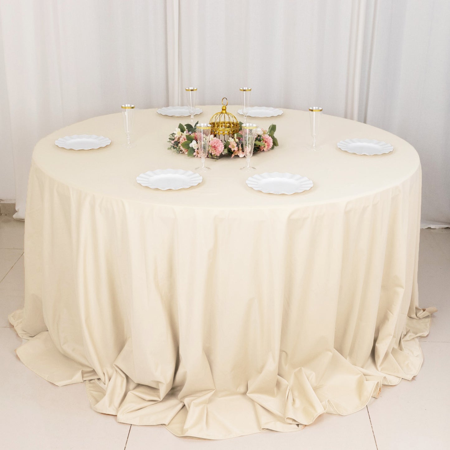 132" Beige Premium Scuba Wrinkle Free Round Tablecloth, Seamless Scuba Polyester Tablecloth