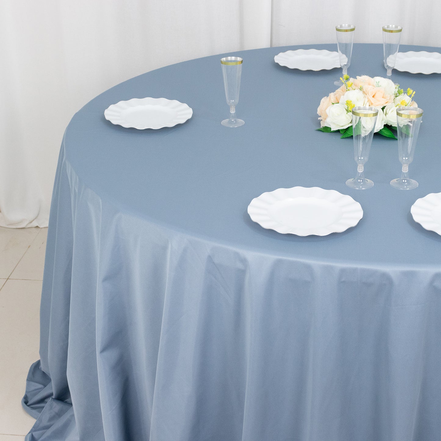 132" Dusty Blue Premium Scuba Wrinkle Free Round Tablecloth, Seamless Scuba Polyester Tablecloth