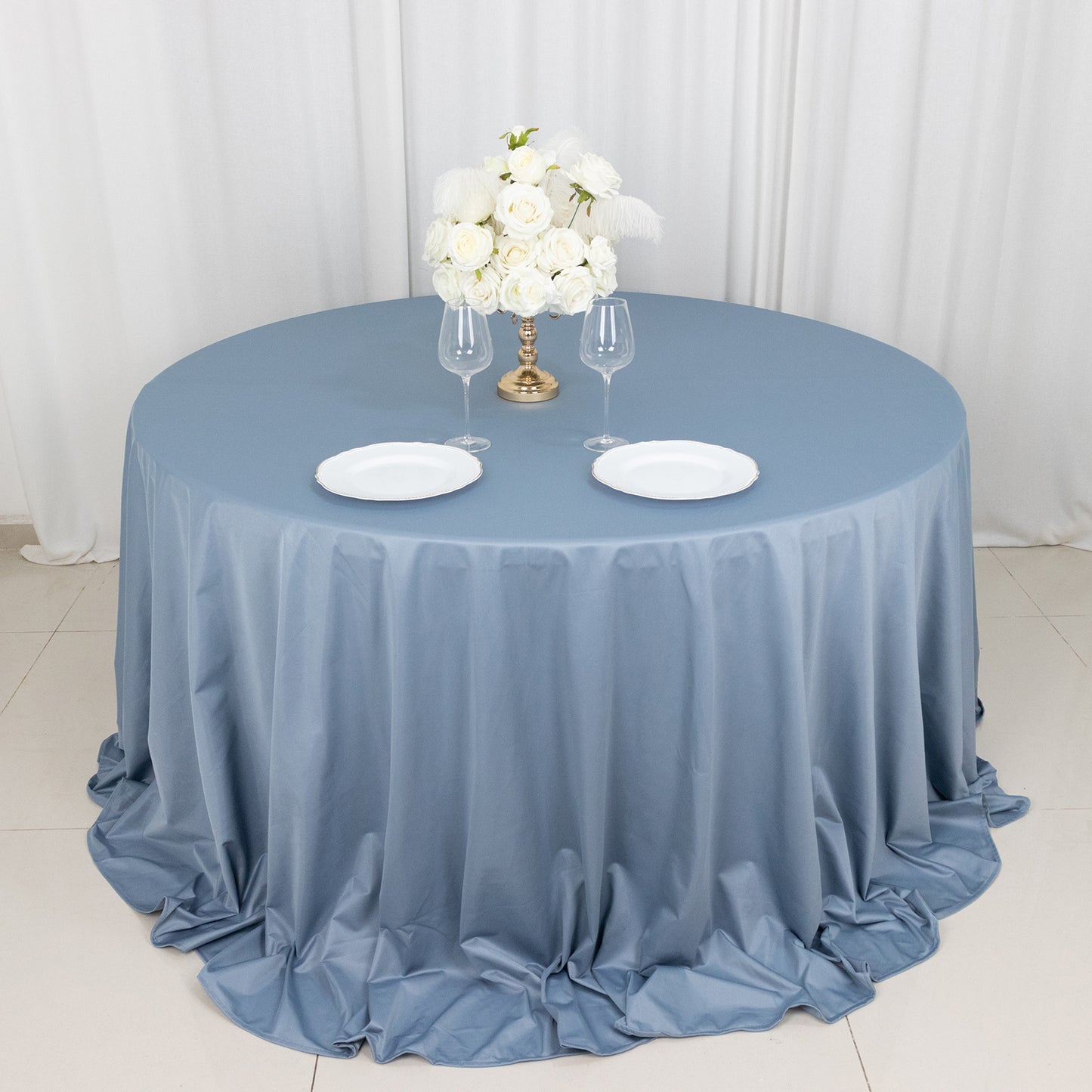 132" Dusty Blue Premium Scuba Wrinkle Free Round Tablecloth, Seamless Scuba Polyester Tablecloth