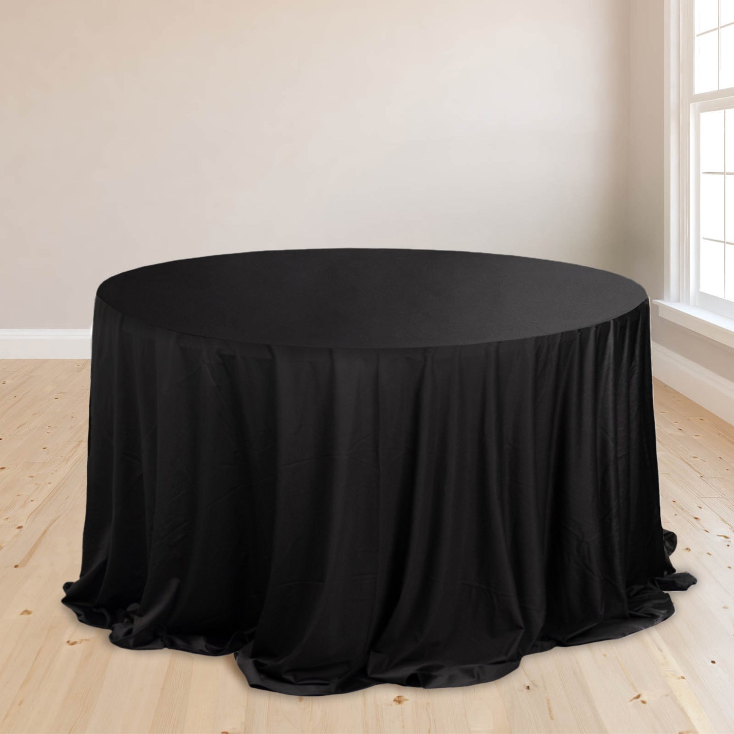 132" Black Premium Scuba Wrinkle Free Round Tablecloth, Seamless Scuba Polyester Tablecloth