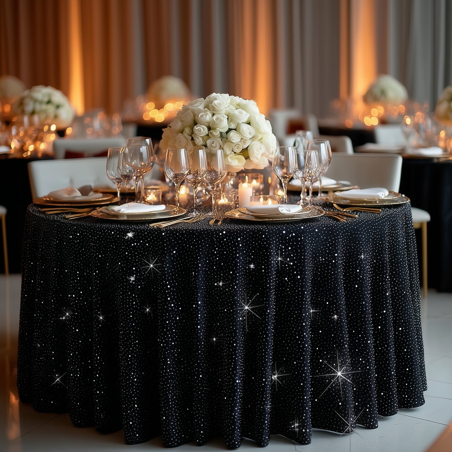 Black round tablecloth with rhinestone accents on an elegant dining setup.