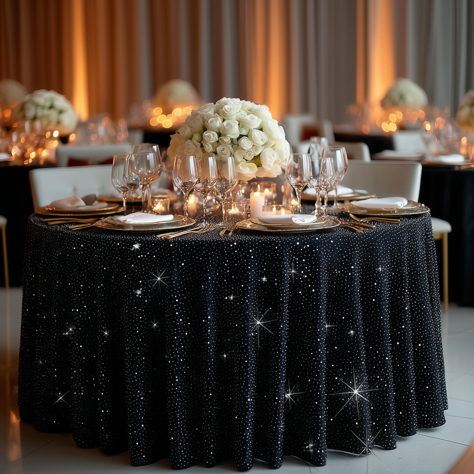 Black round tablecloth with rhinestone accents on an elegant dining setup.