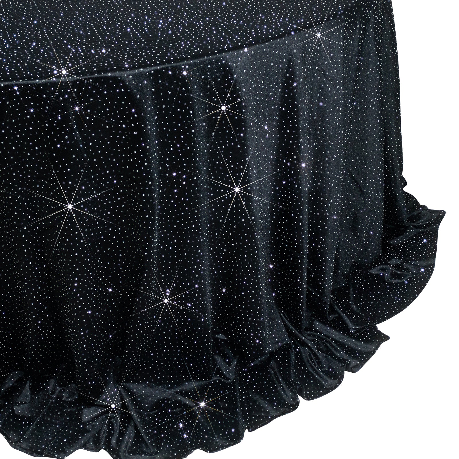 Black round tablecloth with rhinestone accents, seamless and wrinkle-free.