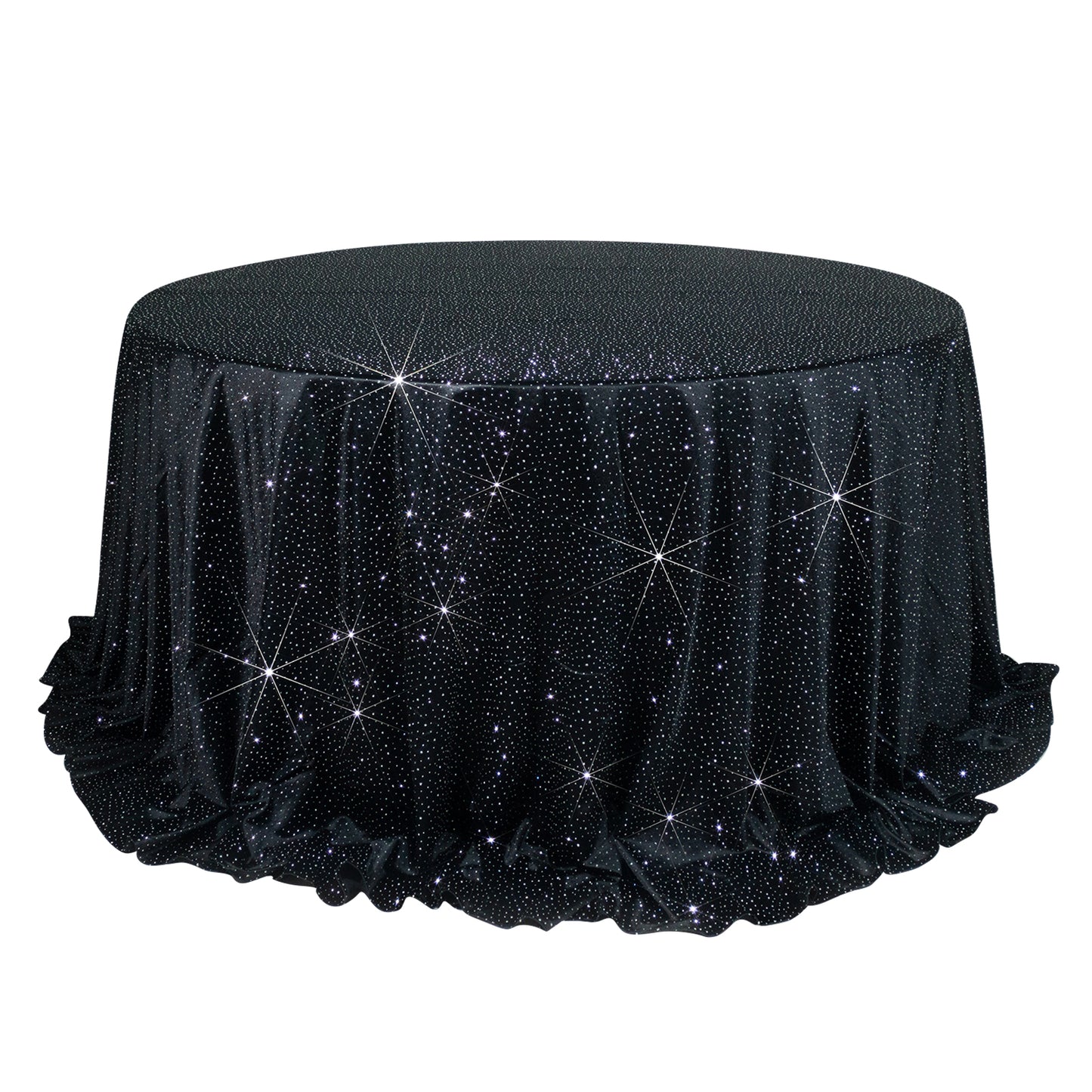 Black round tablecloth with rhinestone accents, seamless and wrinkle-free.