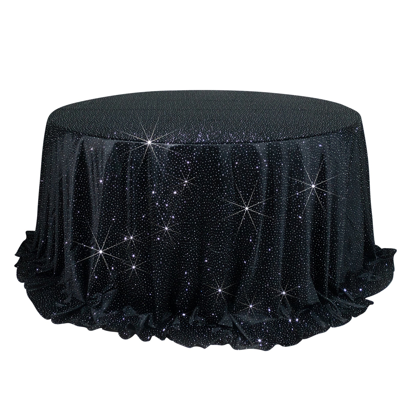 Black round tablecloth with rhinestone accents, seamless and wrinkle-free.