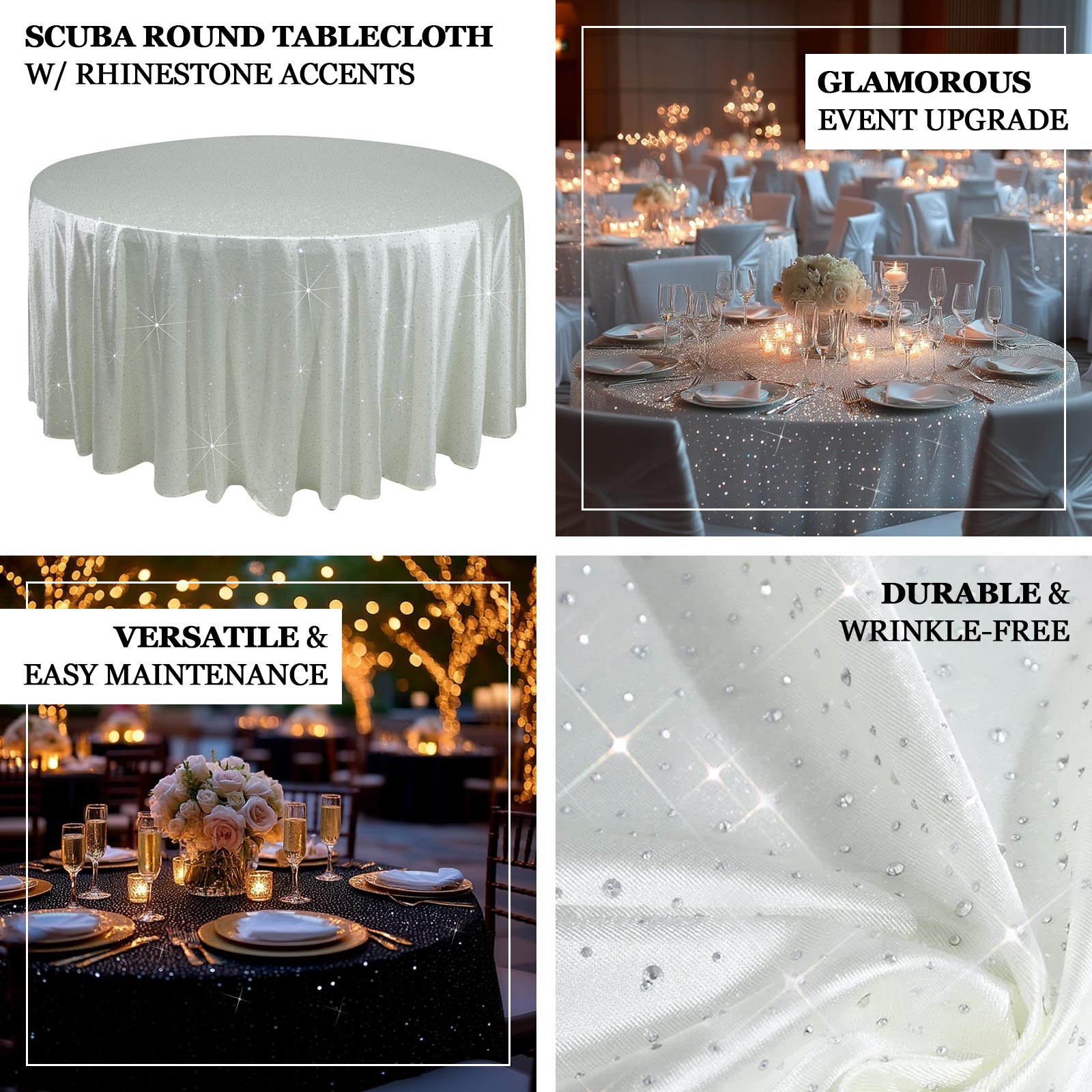 White round tablecloth with rhinestone accents for elegant events.