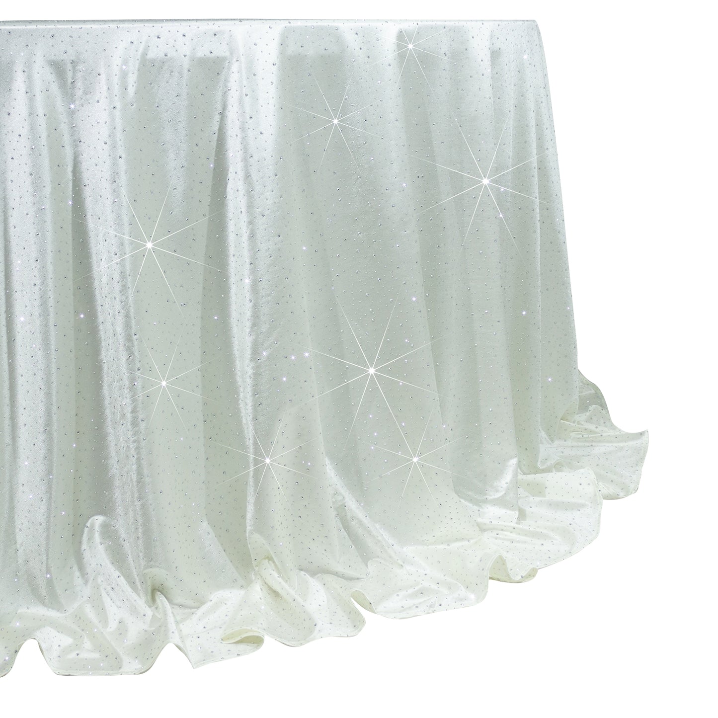 Pearl white round tablecloth with rhinestone accents, seamless and wrinkle-free.