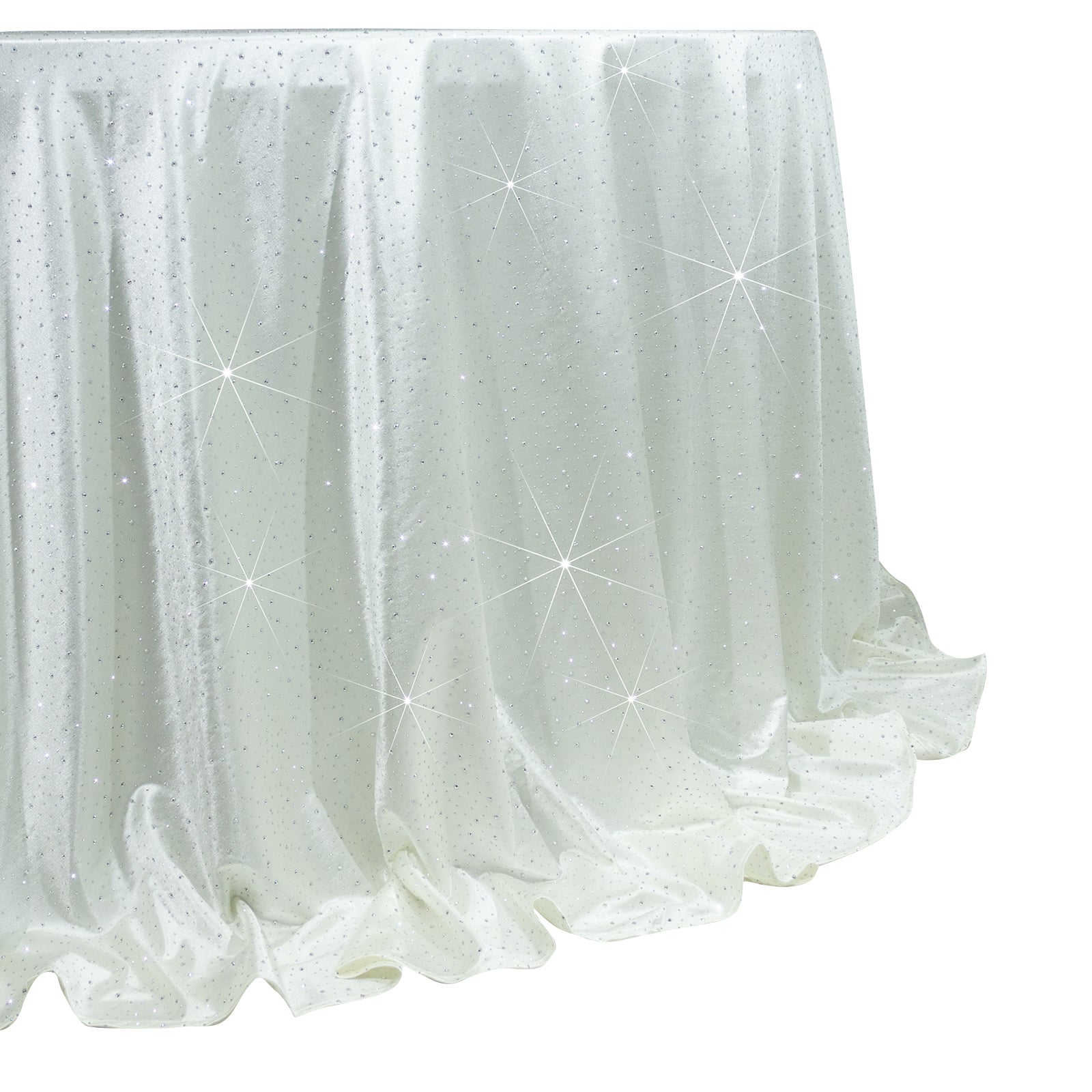 Pearl white round tablecloth with rhinestone accents, seamless and wrinkle-free.