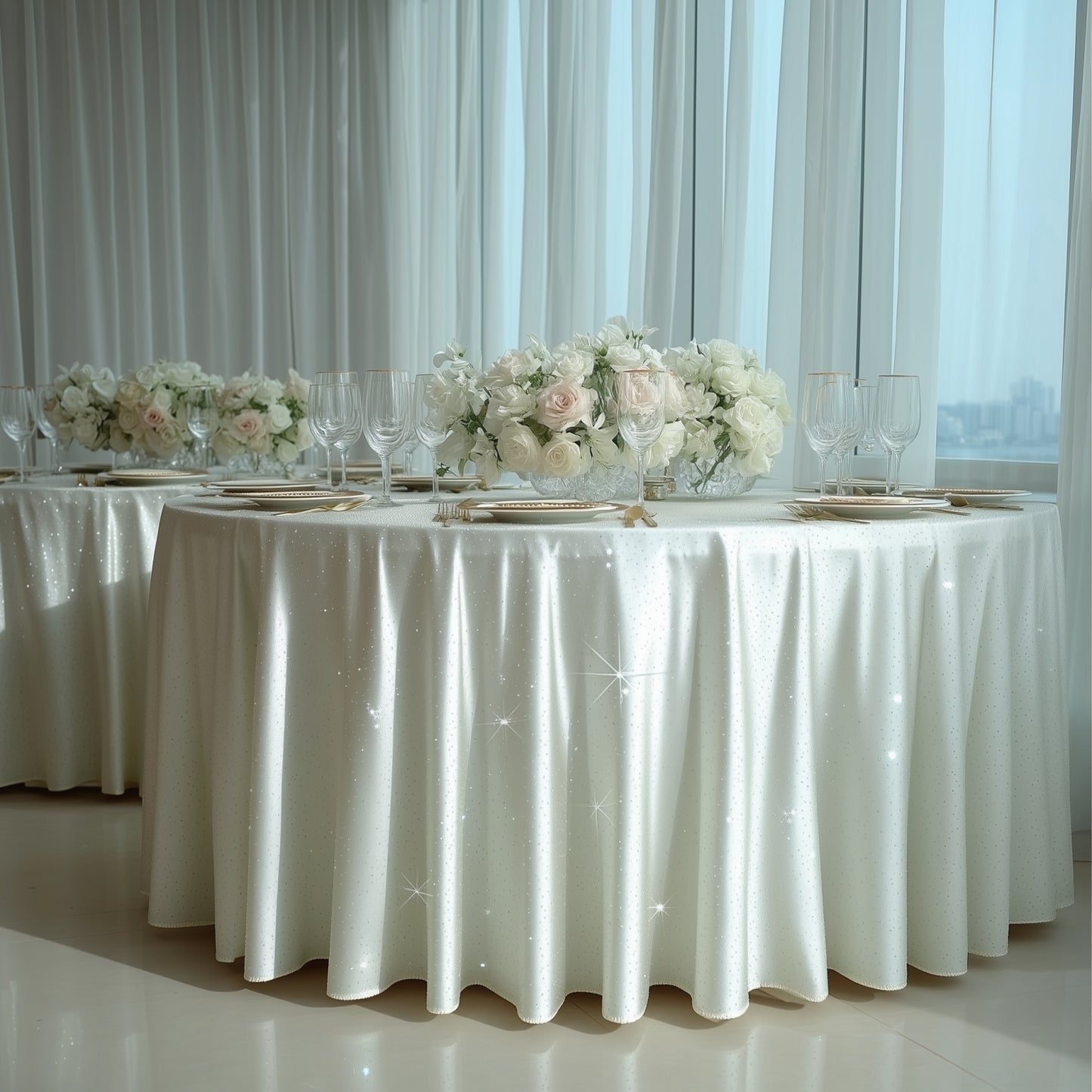 Pearl white round tablecloth with rhinestone accents on an elegant dining table.