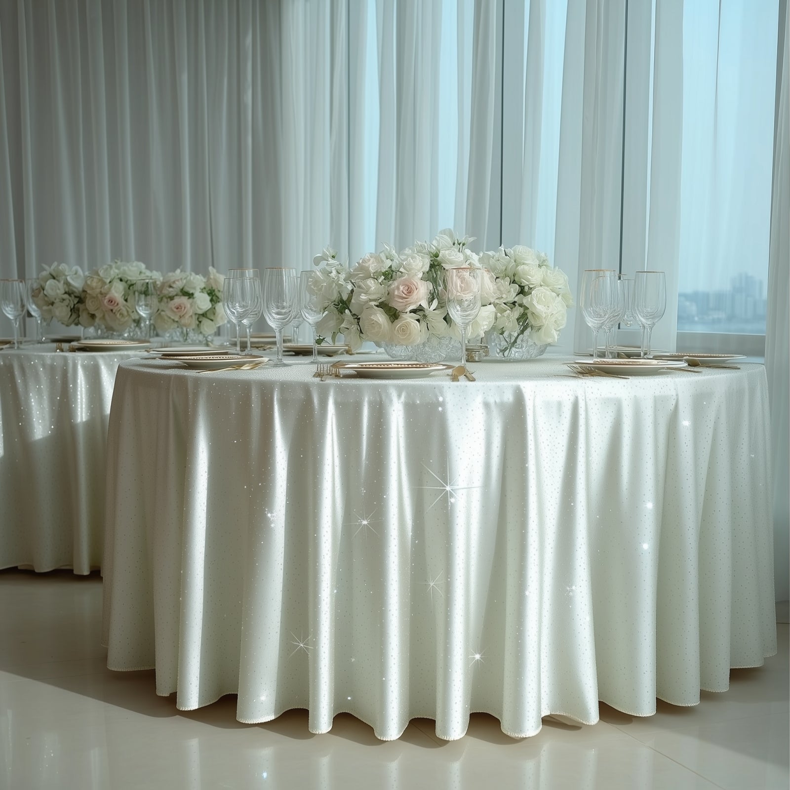 Pearl white round tablecloth with rhinestone accents on an elegant dining table.