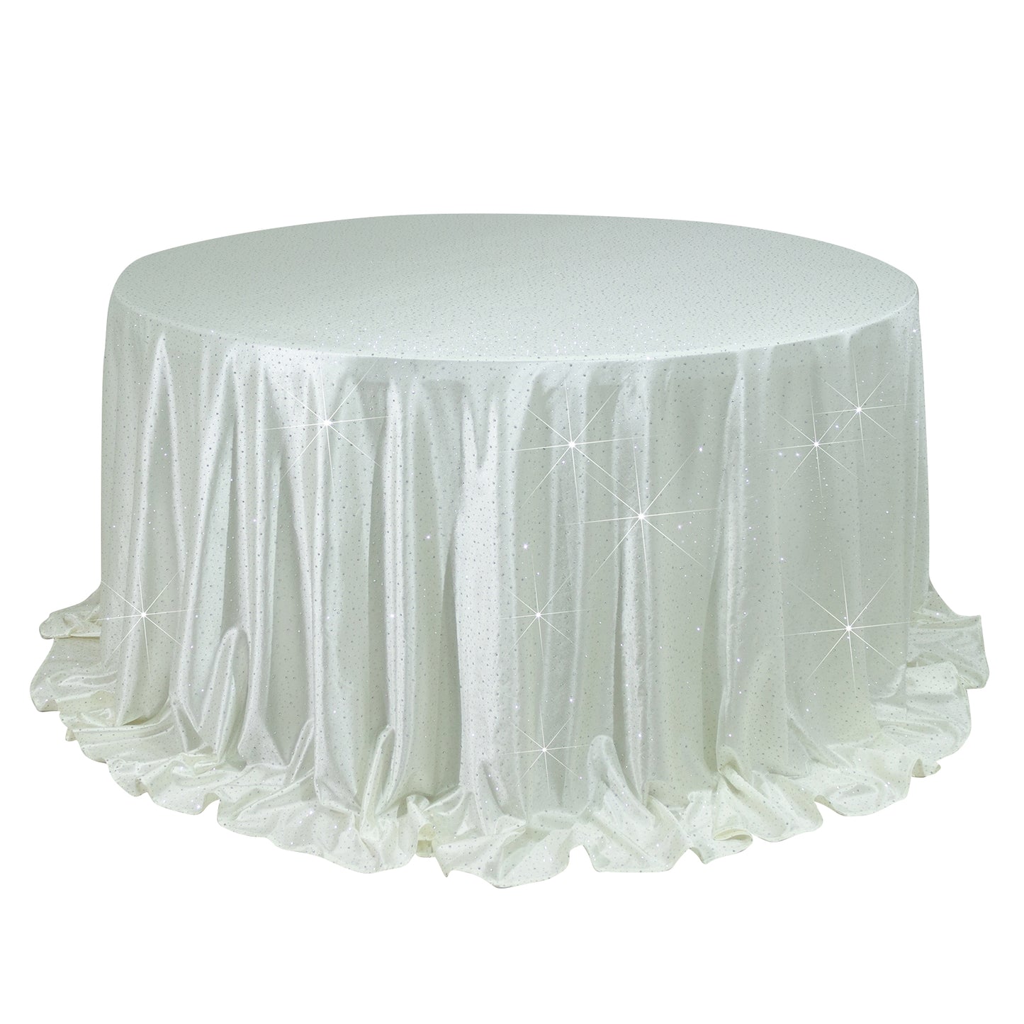 Pearl white round tablecloth with rhinestone accents, seamless and wrinkle-free.