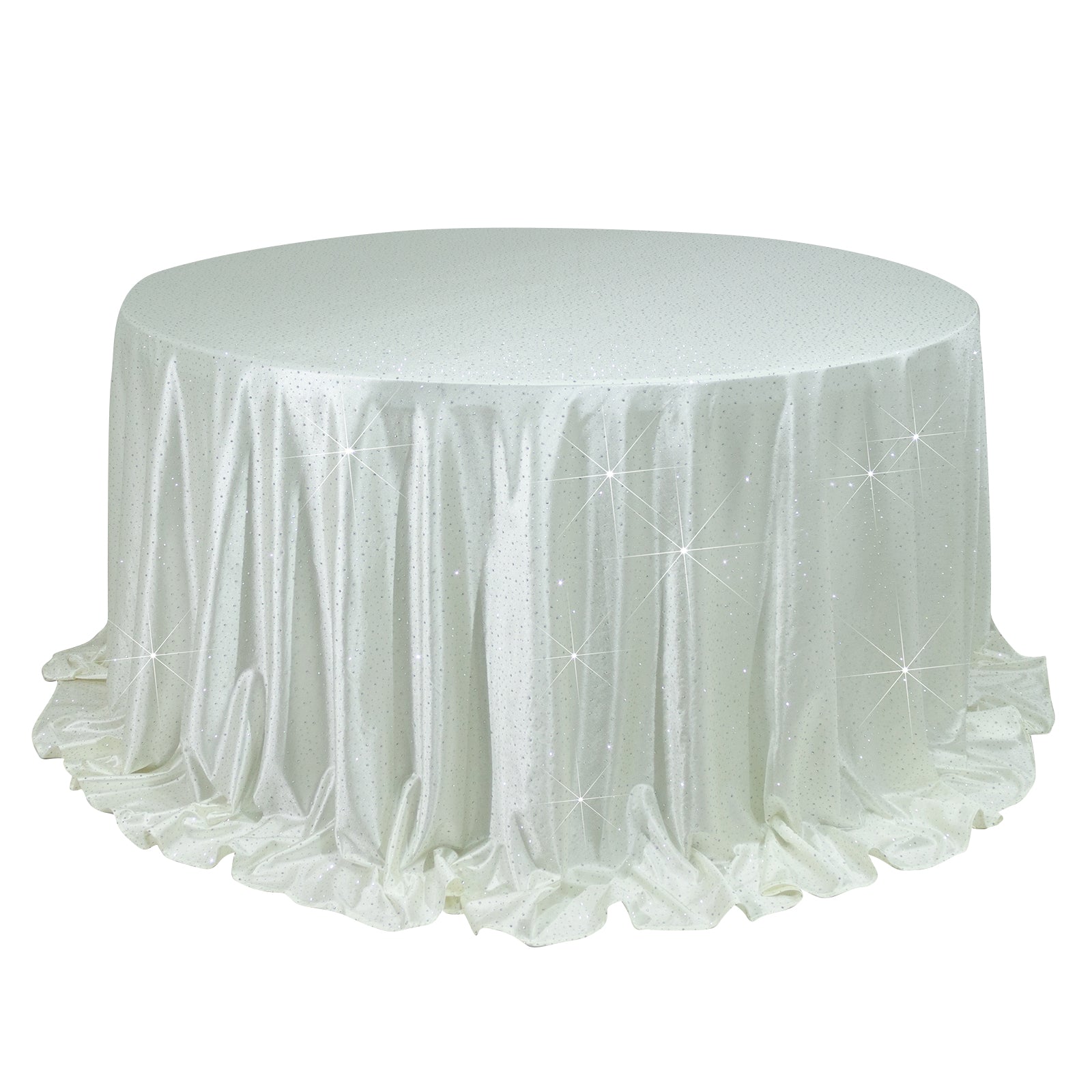 Pearl white round tablecloth with rhinestone accents, seamless and wrinkle-free.