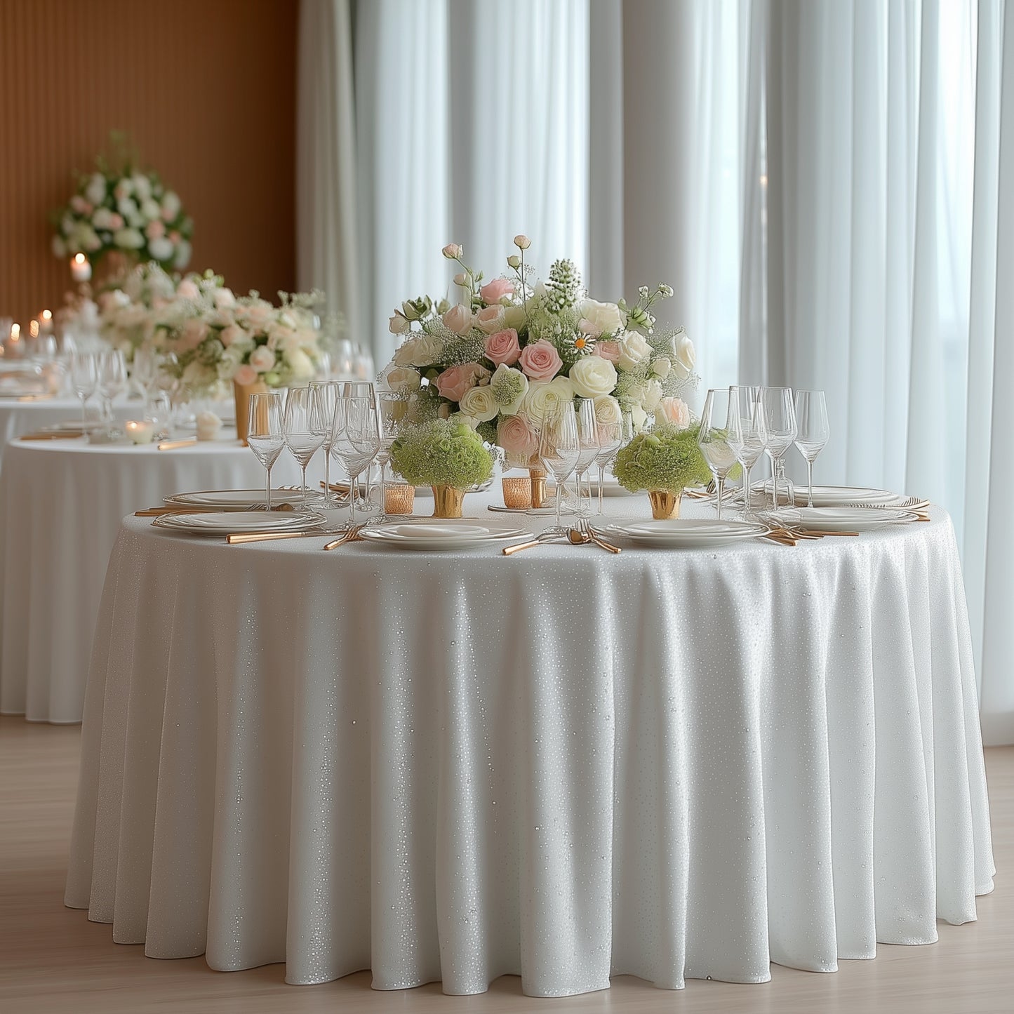White Scuba Round Tablecloth with Rhinestone Accents on Elegant Event Table