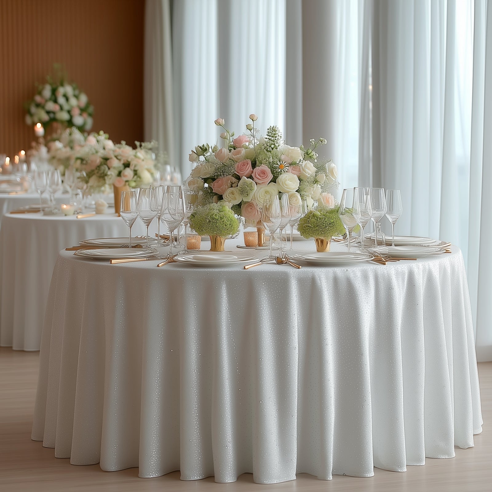 White Scuba Round Tablecloth with Rhinestone Accents on Elegant Event Table