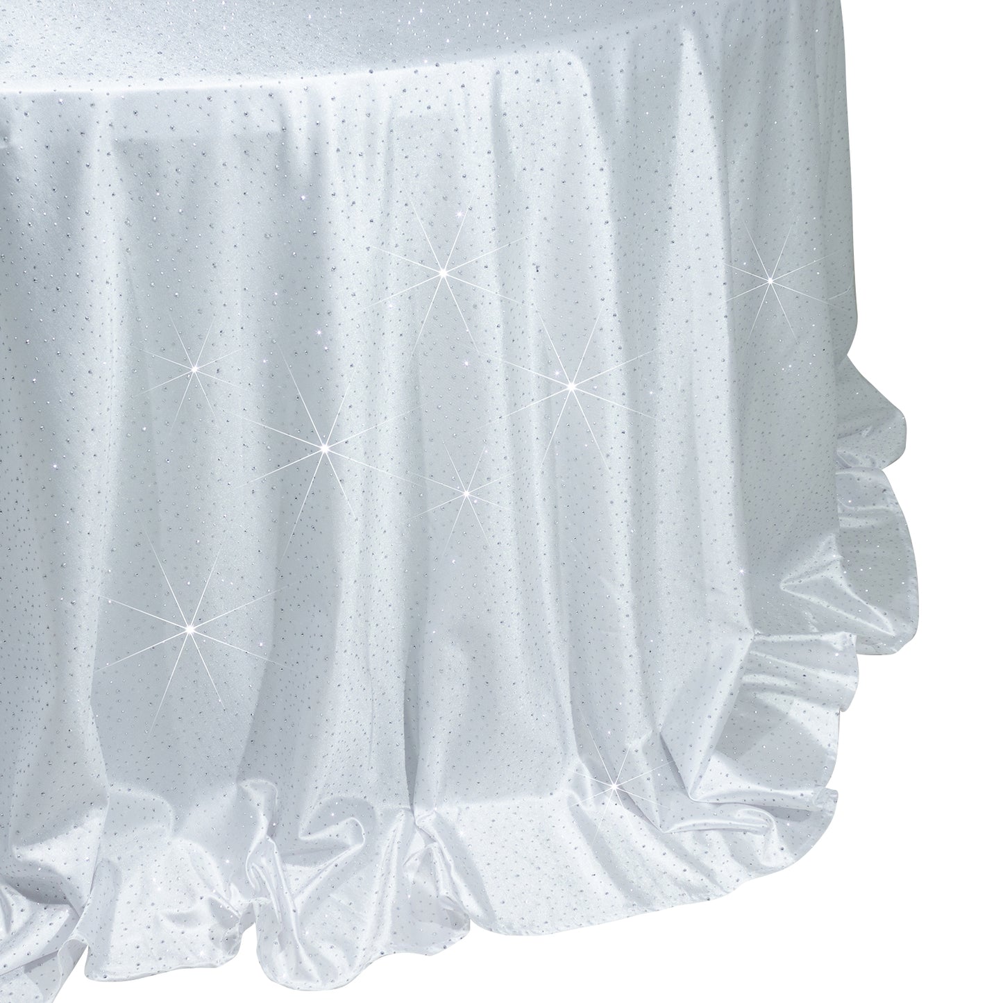White scuba round tablecloth with rhinestone accents, seamless and wrinkle-free.