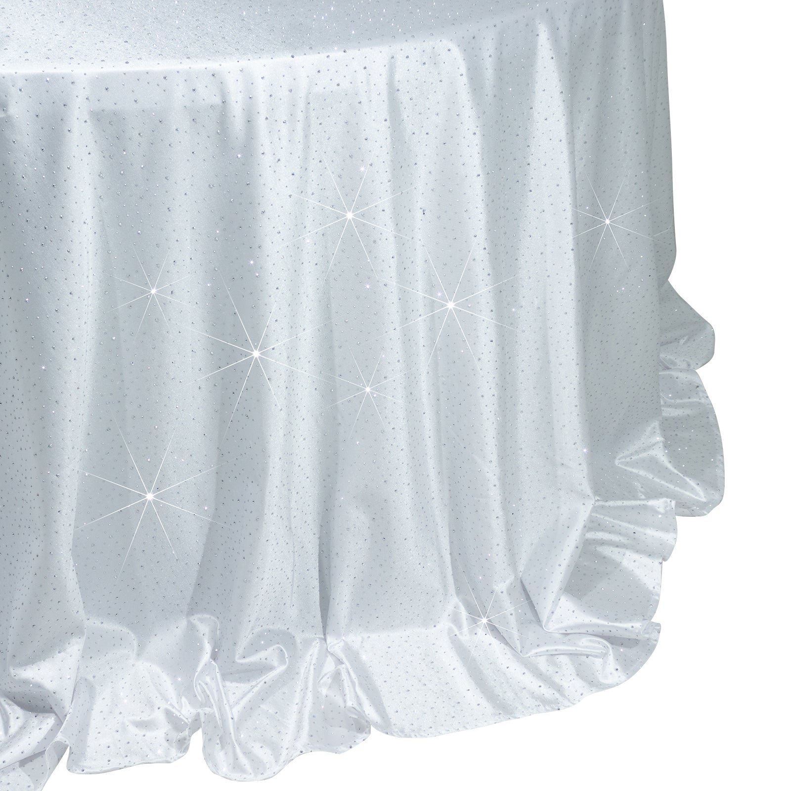 White scuba round tablecloth with rhinestone accents, seamless and wrinkle-free.
