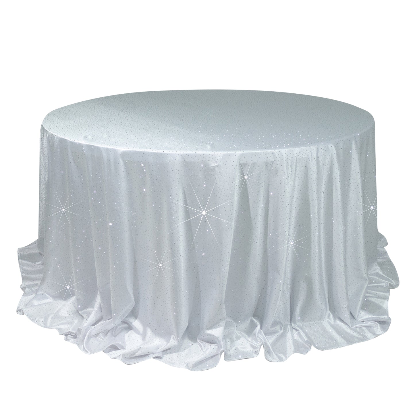 White round tablecloth with rhinestone accents, seamless and wrinkle-free.