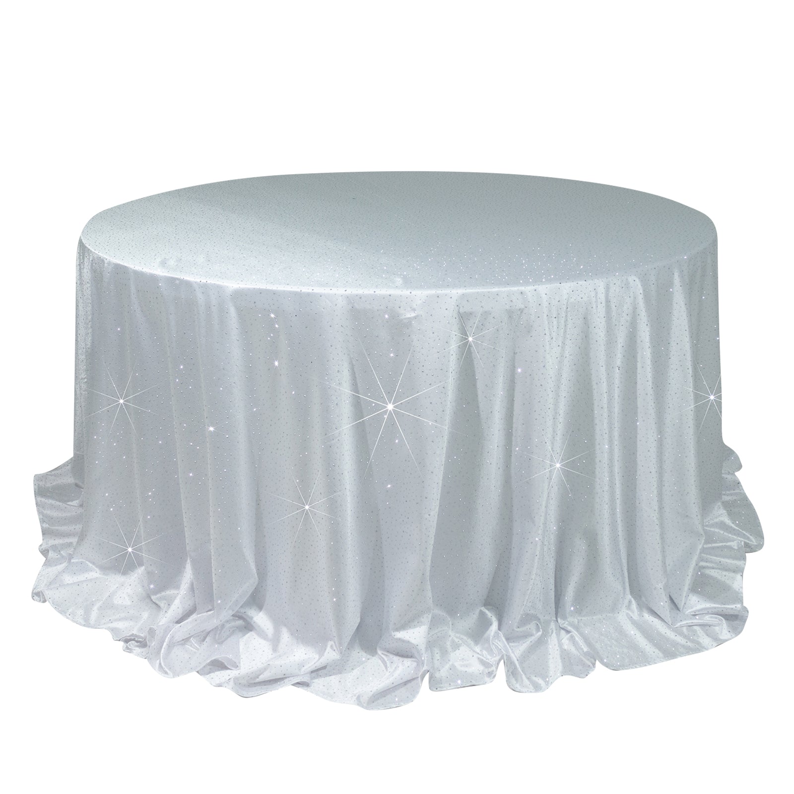 White round tablecloth with rhinestone accents, seamless and wrinkle-free.