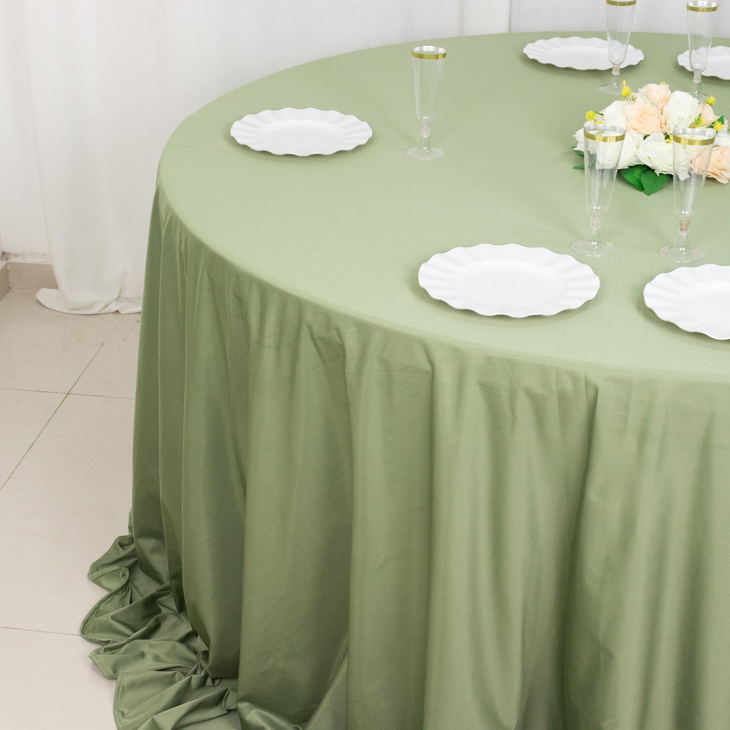 132" Dusty Sage Green Premium Scuba Wrinkle Free Round Tablecloth, Seamless Scuba Polyester Tablecloth