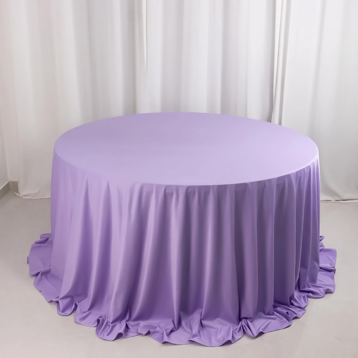 132" Lavender Lilac Scuba Wrinkle Free Round Tablecloth, Seamless Scuba Polyester Tablecloth for 6 Foot Table With Floor-Length Drop