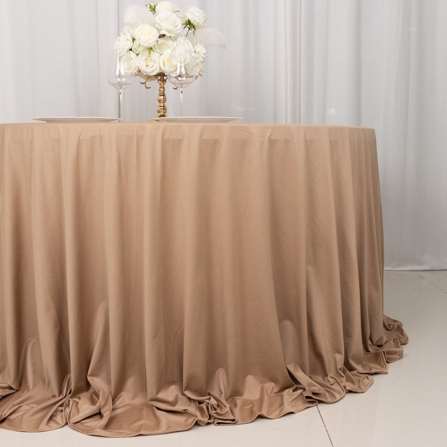 132" Nude Premium Scuba Wrinkle Free Round Tablecloth, Seamless Scuba Polyester Tablecloth