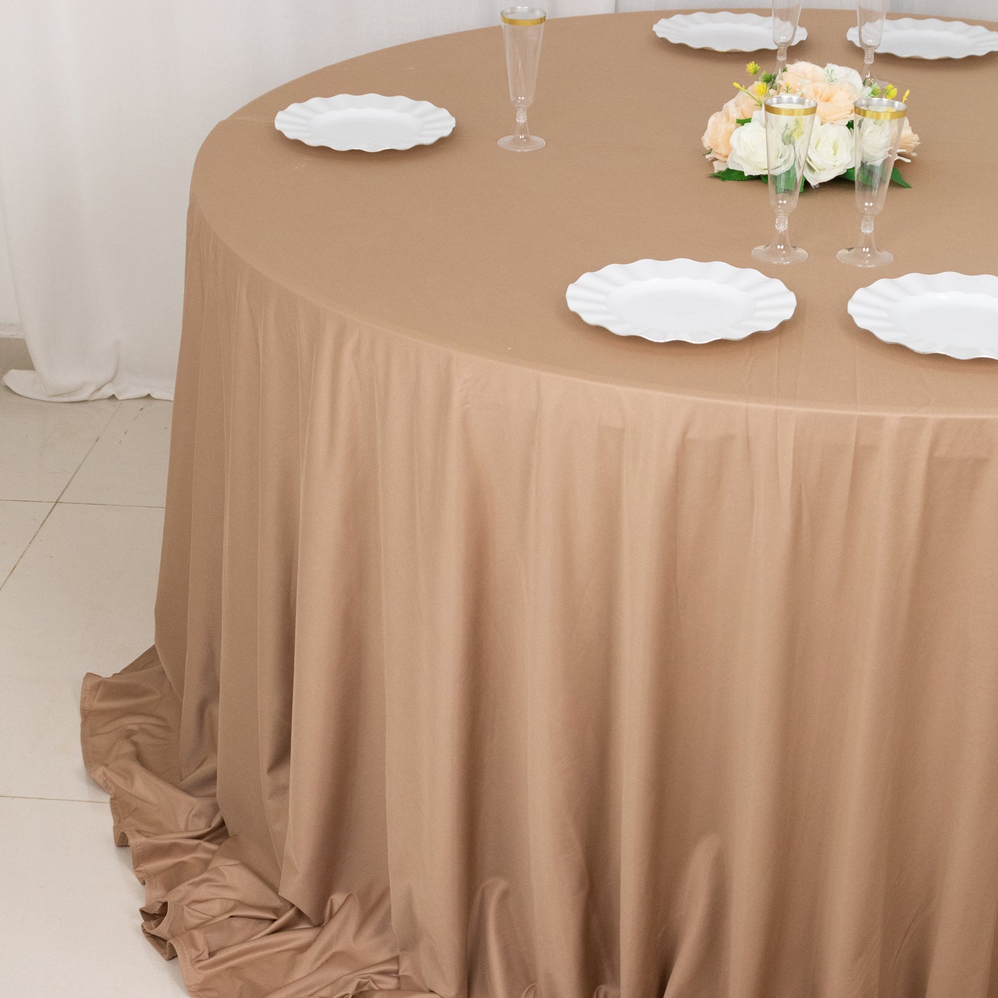 132" Nude Premium Scuba Wrinkle Free Round Tablecloth, Seamless Scuba Polyester Tablecloth