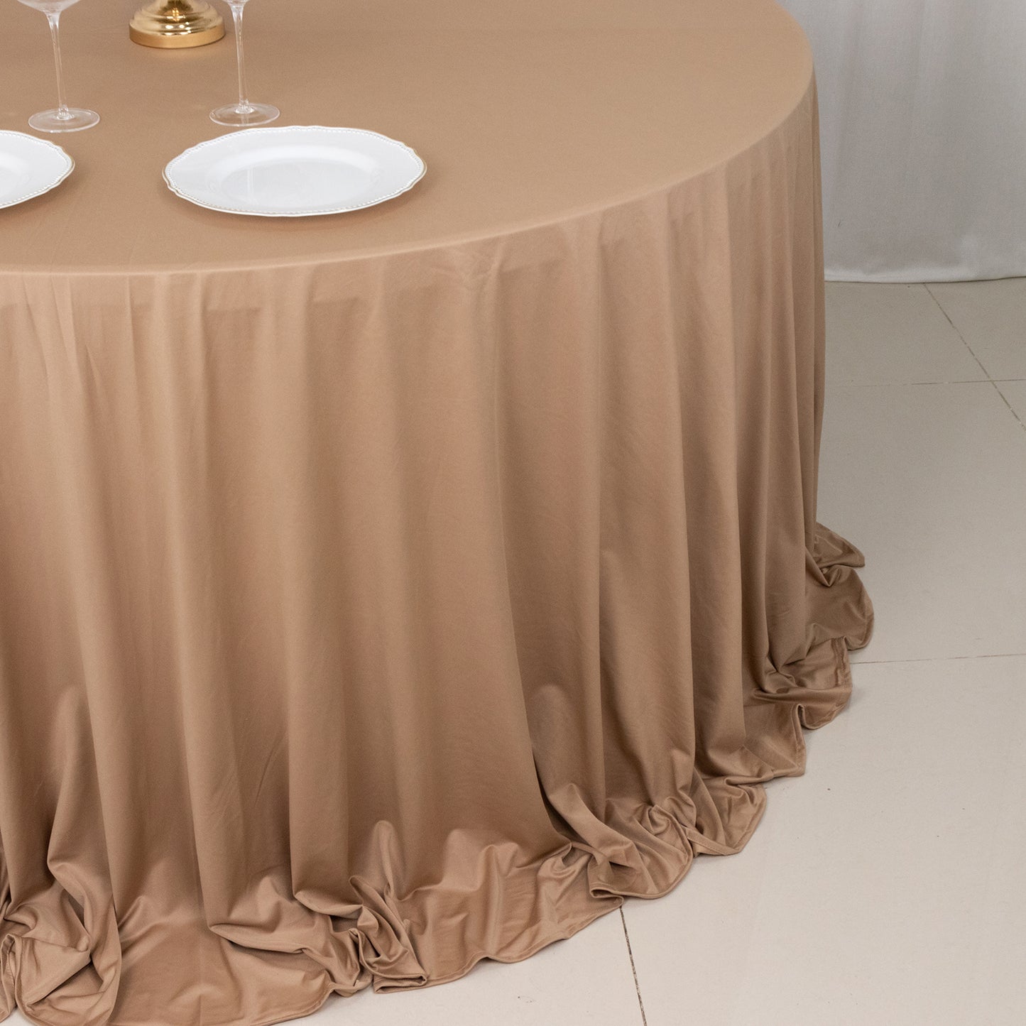 132" Nude Premium Scuba Wrinkle Free Round Tablecloth, Seamless Scuba Polyester Tablecloth