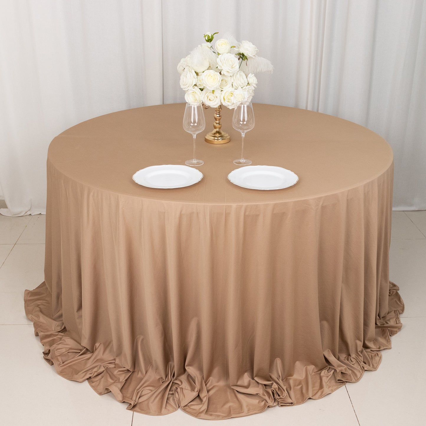 132" Nude Premium Scuba Wrinkle Free Round Tablecloth, Seamless Scuba Polyester Tablecloth