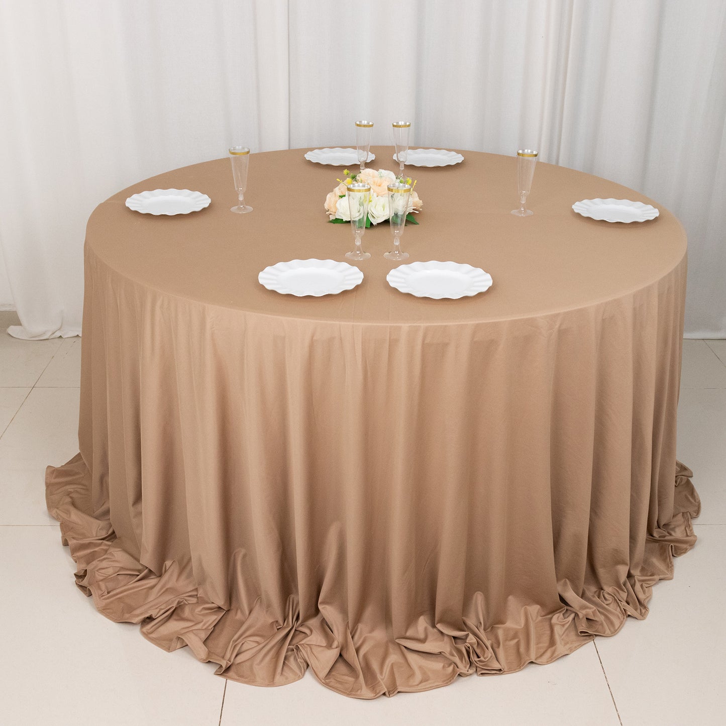 132" Nude Premium Scuba Wrinkle Free Round Tablecloth, Seamless Scuba Polyester Tablecloth