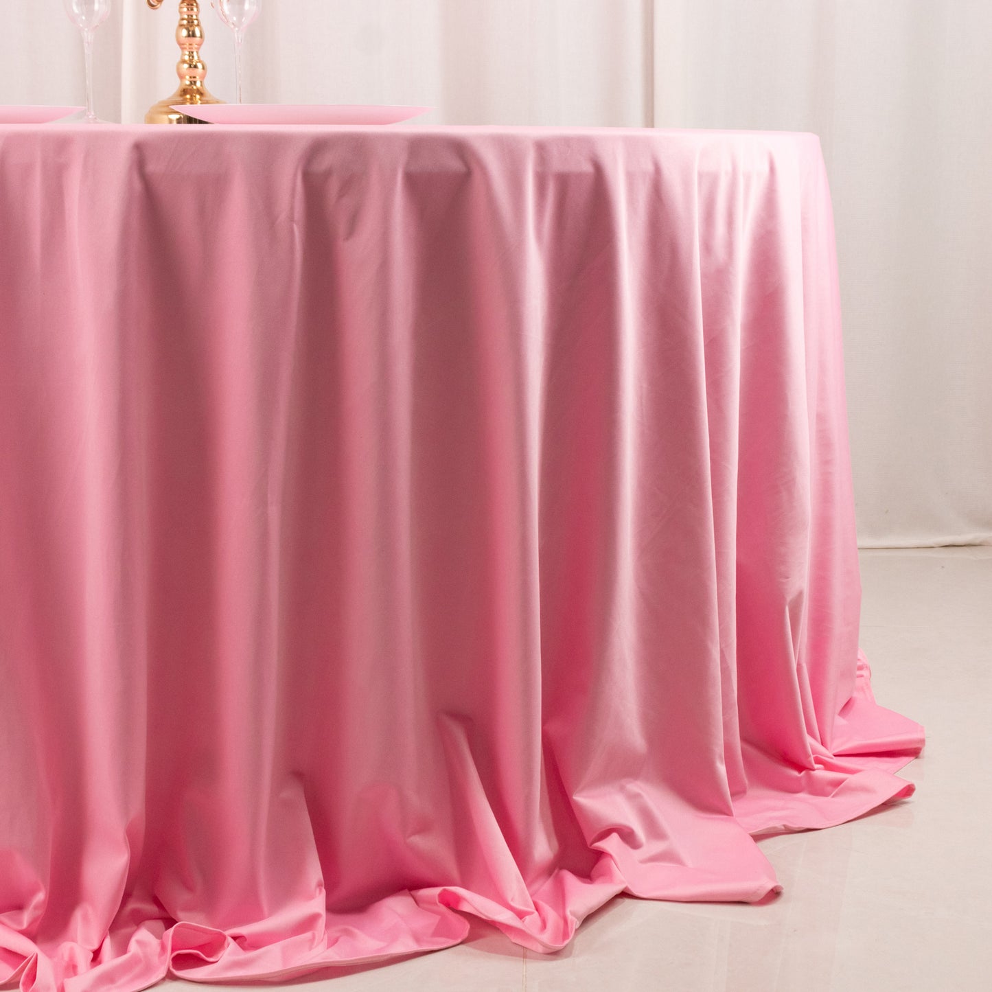 132" Pink Premium Scuba Wrinkle Free Round Tablecloth, Seamless Scuba Polyester Tablecloth for 6 Foot Table With Floor-Length Drop