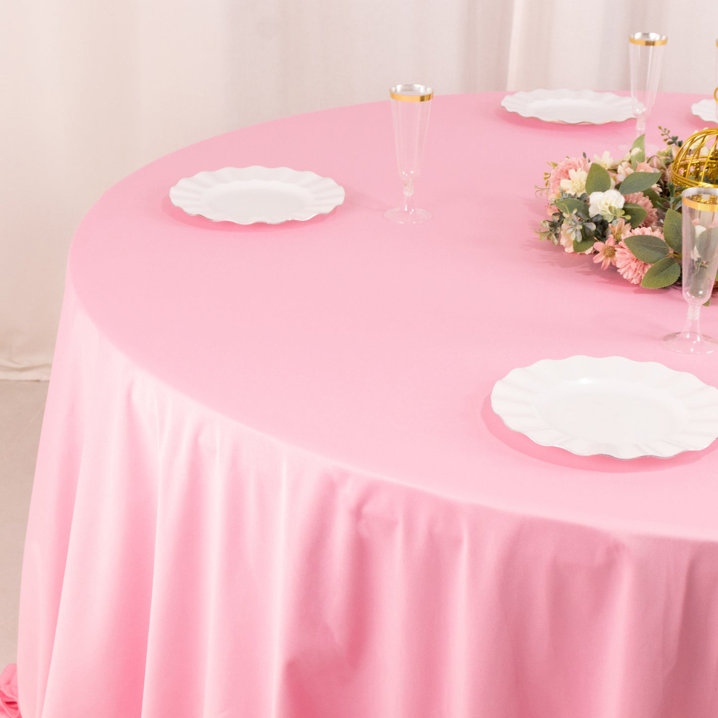 132" Pink Premium Scuba Wrinkle Free Round Tablecloth, Seamless Scuba Polyester Tablecloth for 6 Foot Table With Floor-Length Drop