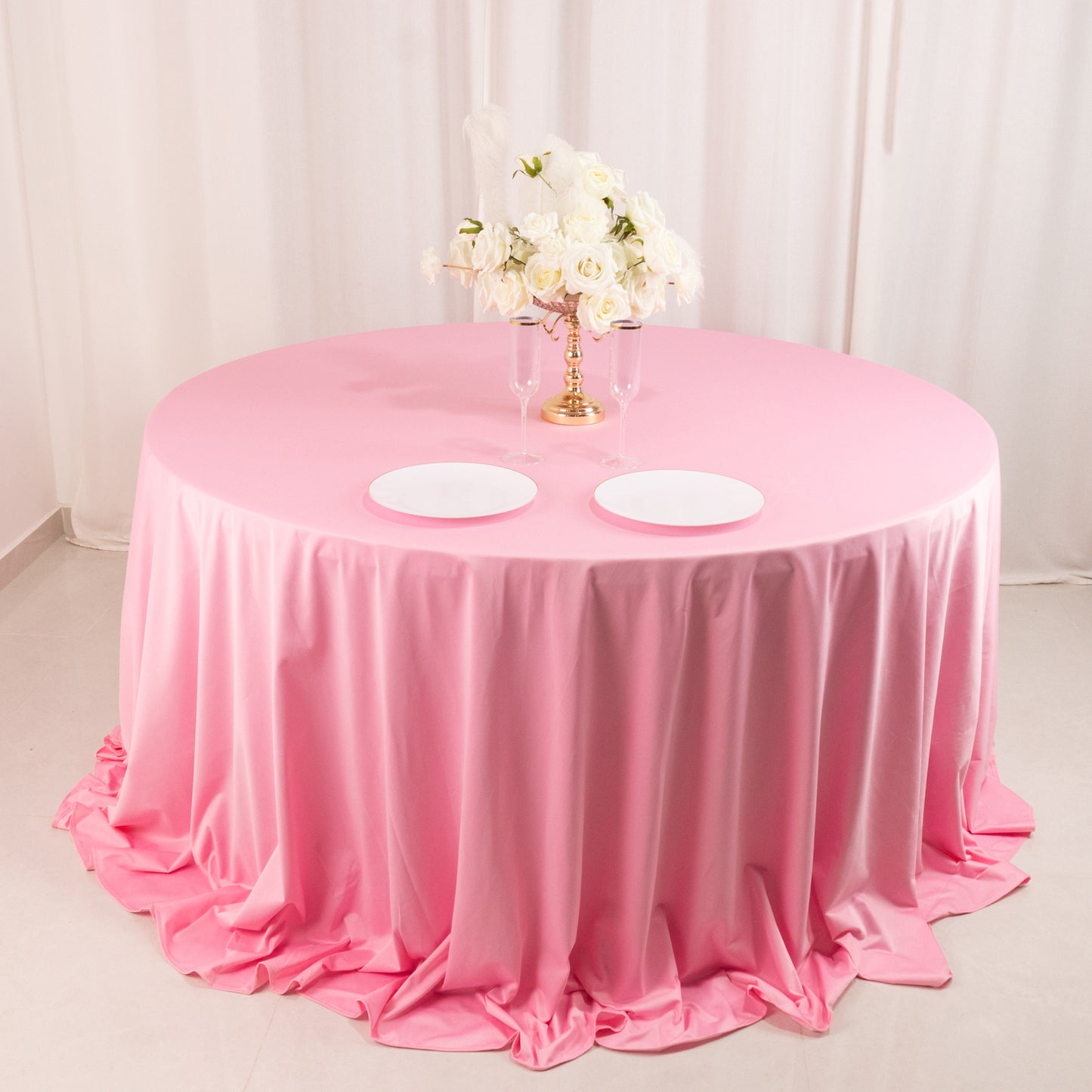 132" Pink Premium Scuba Wrinkle Free Round Tablecloth, Seamless Scuba Polyester Tablecloth for 6 Foot Table With Floor-Length Drop