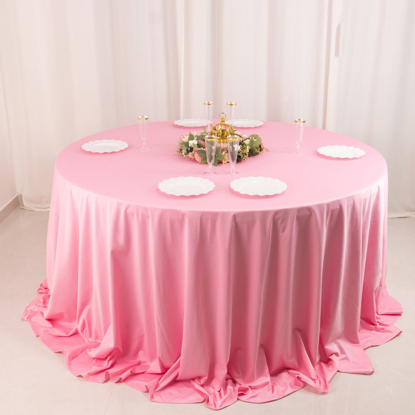 132" Pink Premium Scuba Wrinkle Free Round Tablecloth, Seamless Scuba Polyester Tablecloth for 6 Foot Table With Floor-Length Drop