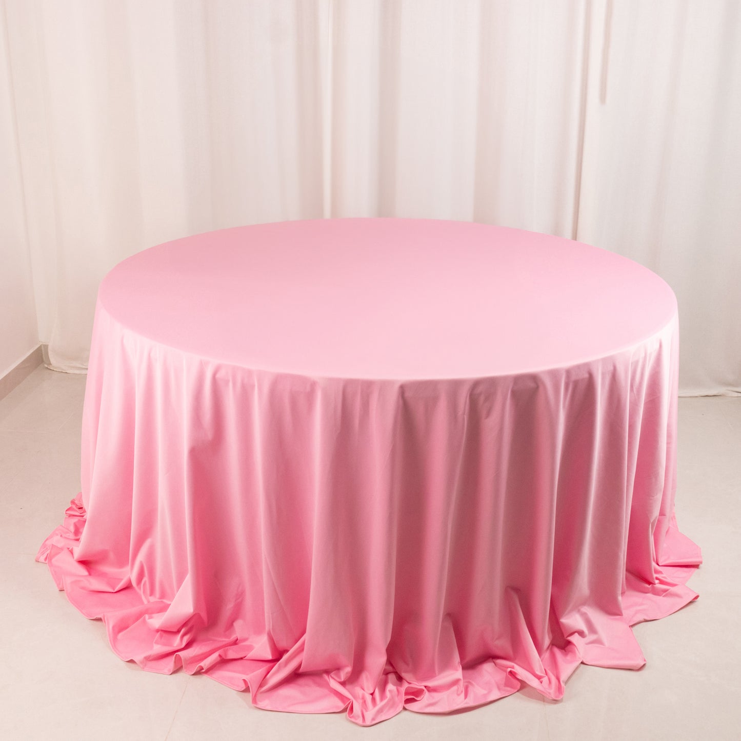 132" Pink Premium Scuba Wrinkle Free Round Tablecloth, Seamless Scuba Polyester Tablecloth for 6 Foot Table With Floor-Length Drop