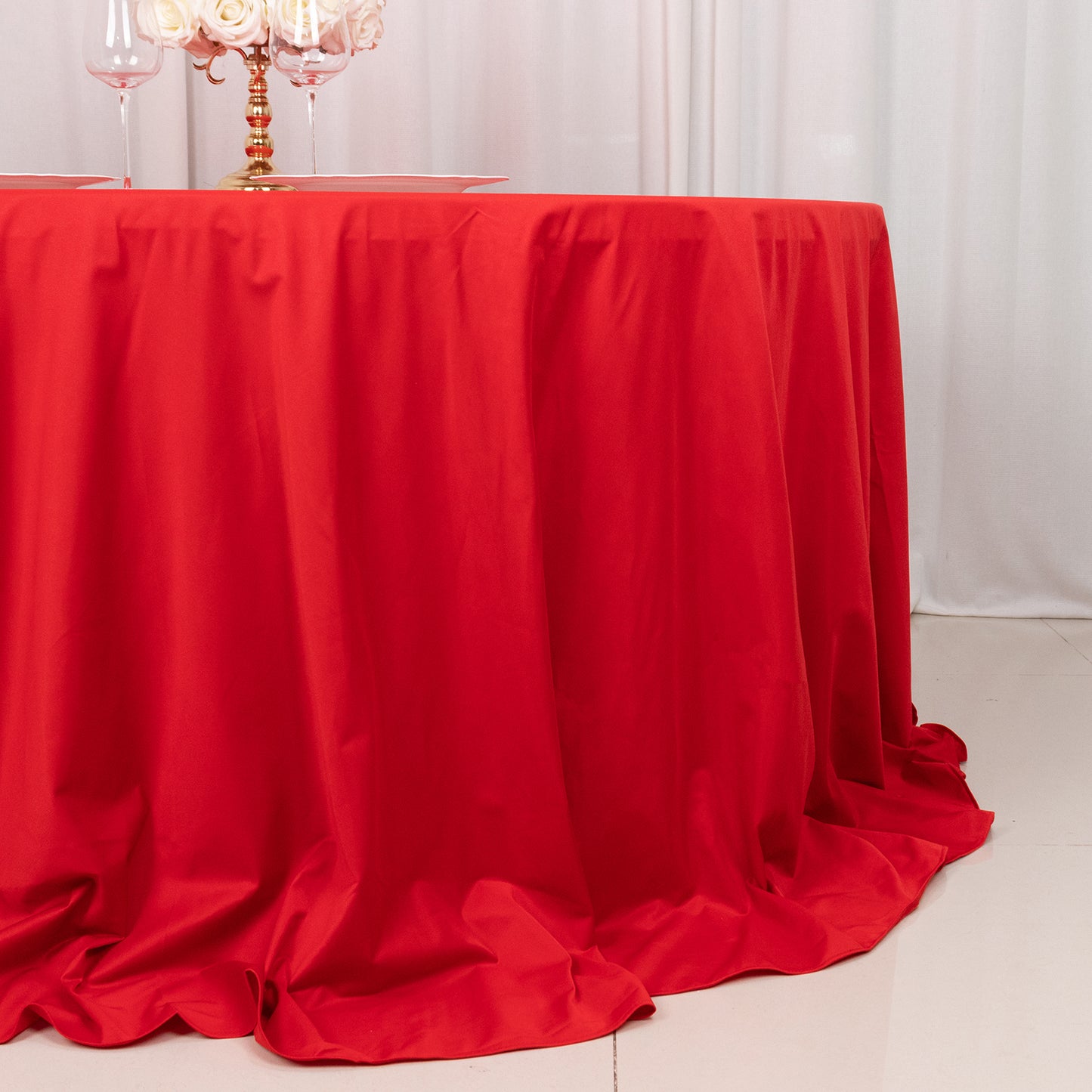 132" Red Premium Scuba Wrinkle Free Round Tablecloth, Seamless Scuba Polyester Tablecloth