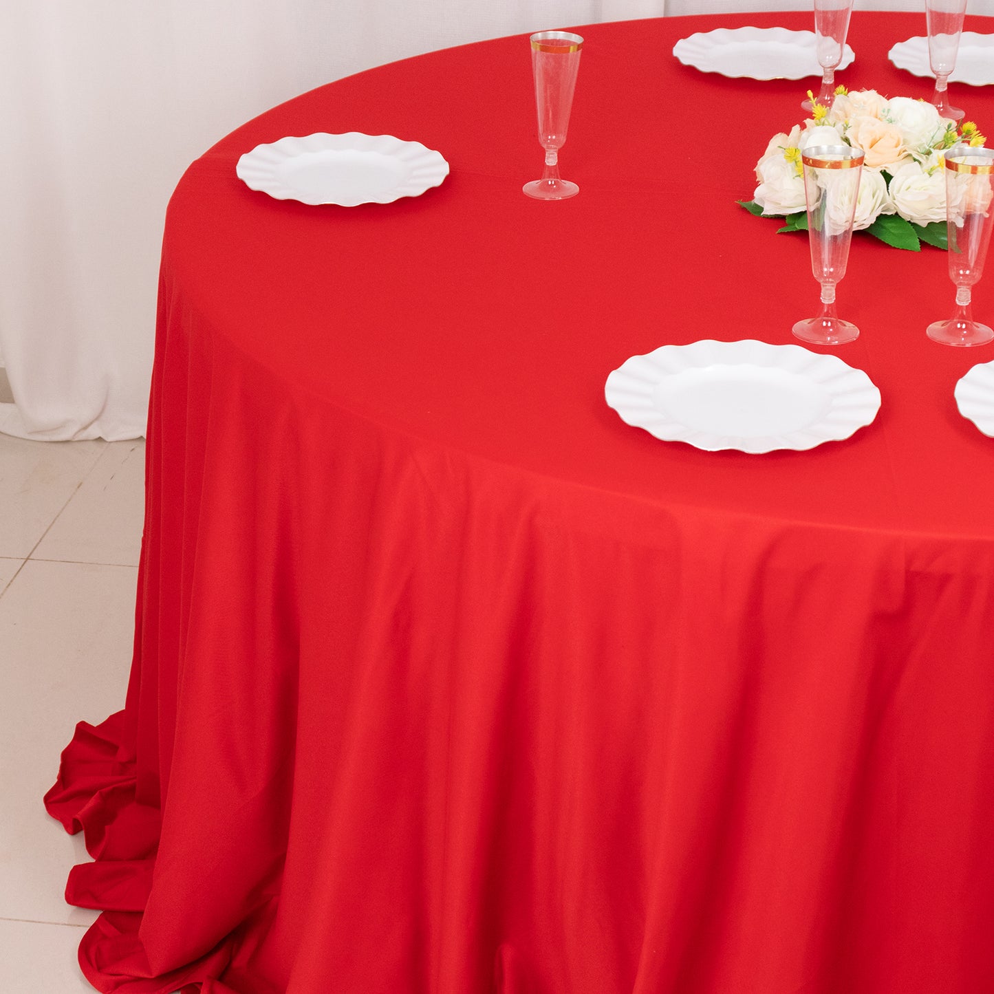 132" Red Premium Scuba Wrinkle Free Round Tablecloth, Seamless Scuba Polyester Tablecloth