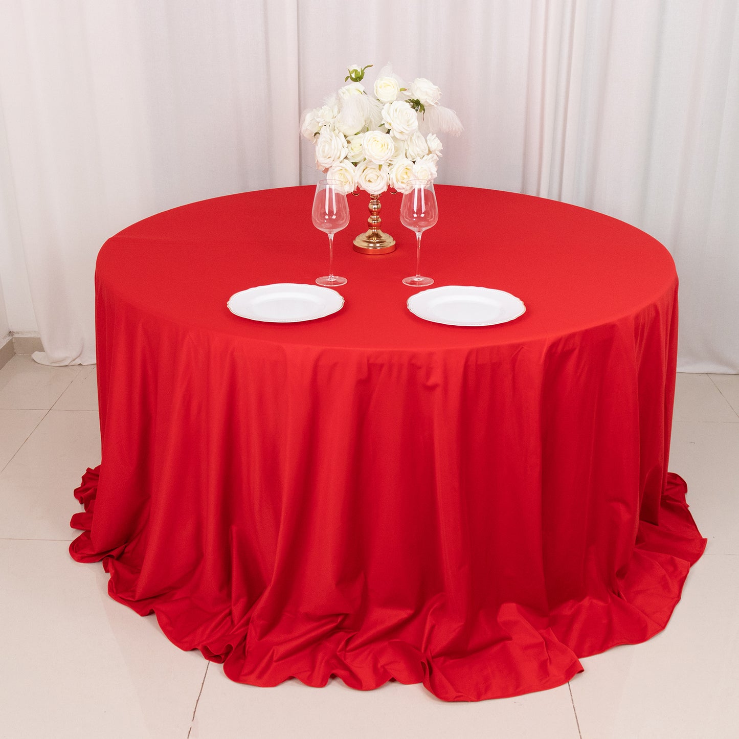 132" Red Premium Scuba Wrinkle Free Round Tablecloth, Seamless Scuba Polyester Tablecloth