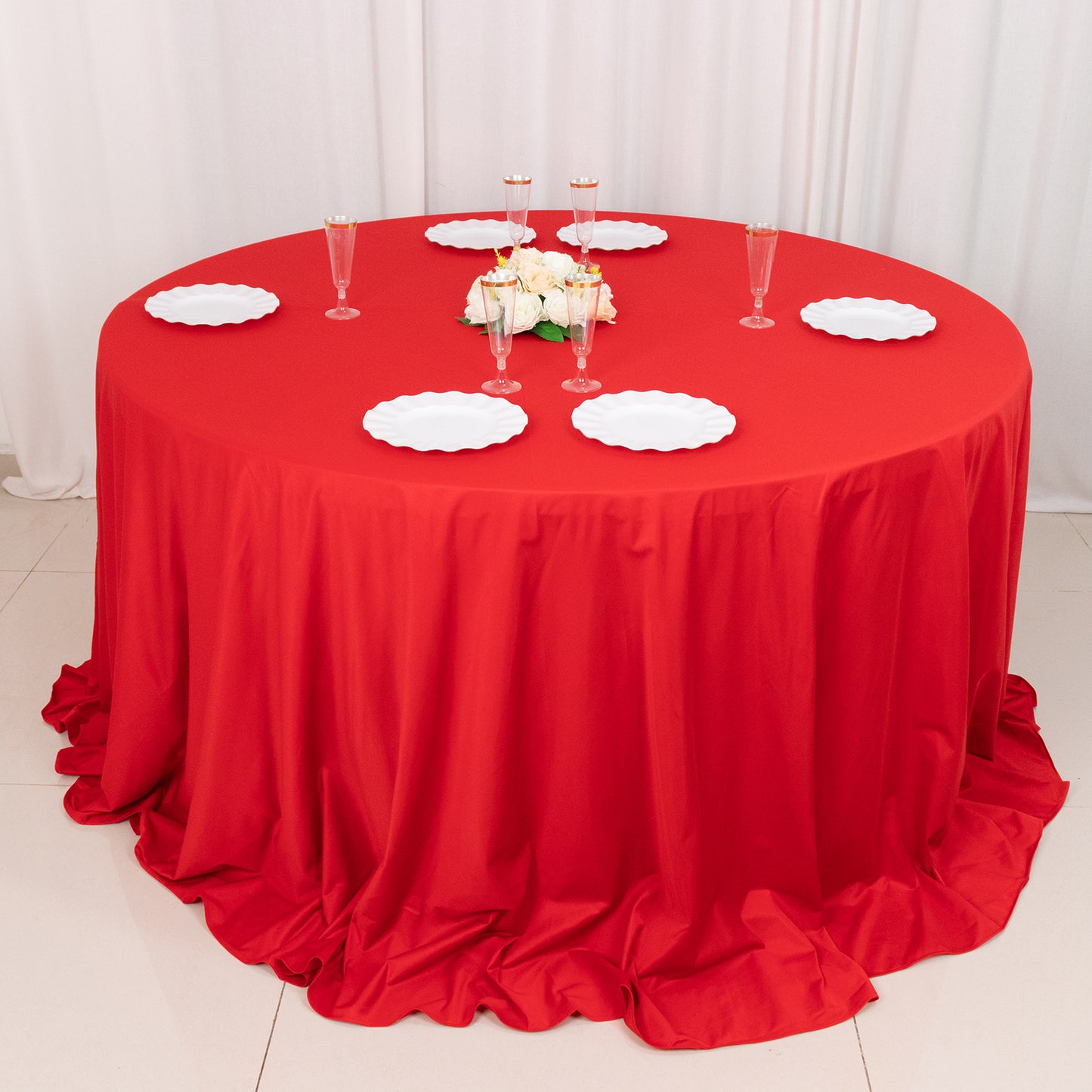 132" Red Premium Scuba Wrinkle Free Round Tablecloth, Seamless Scuba Polyester Tablecloth