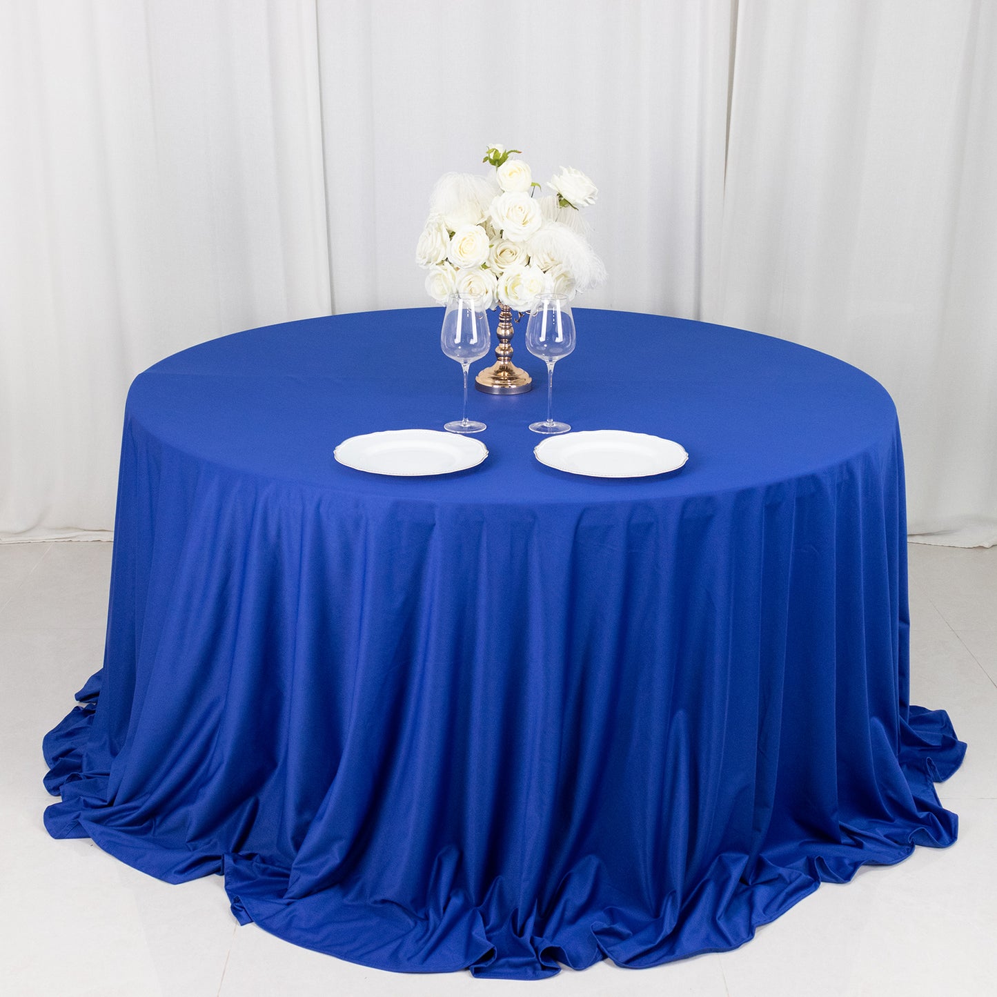 132" Royal Blue Premium Scuba Wrinkle Free Round Tablecloth, Seamless Scuba Polyester Tablecloth