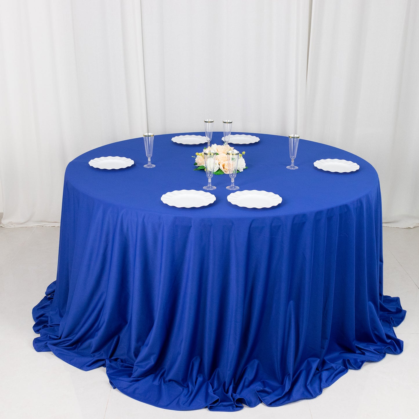 132" Royal Blue Premium Scuba Wrinkle Free Round Tablecloth, Seamless Scuba Polyester Tablecloth