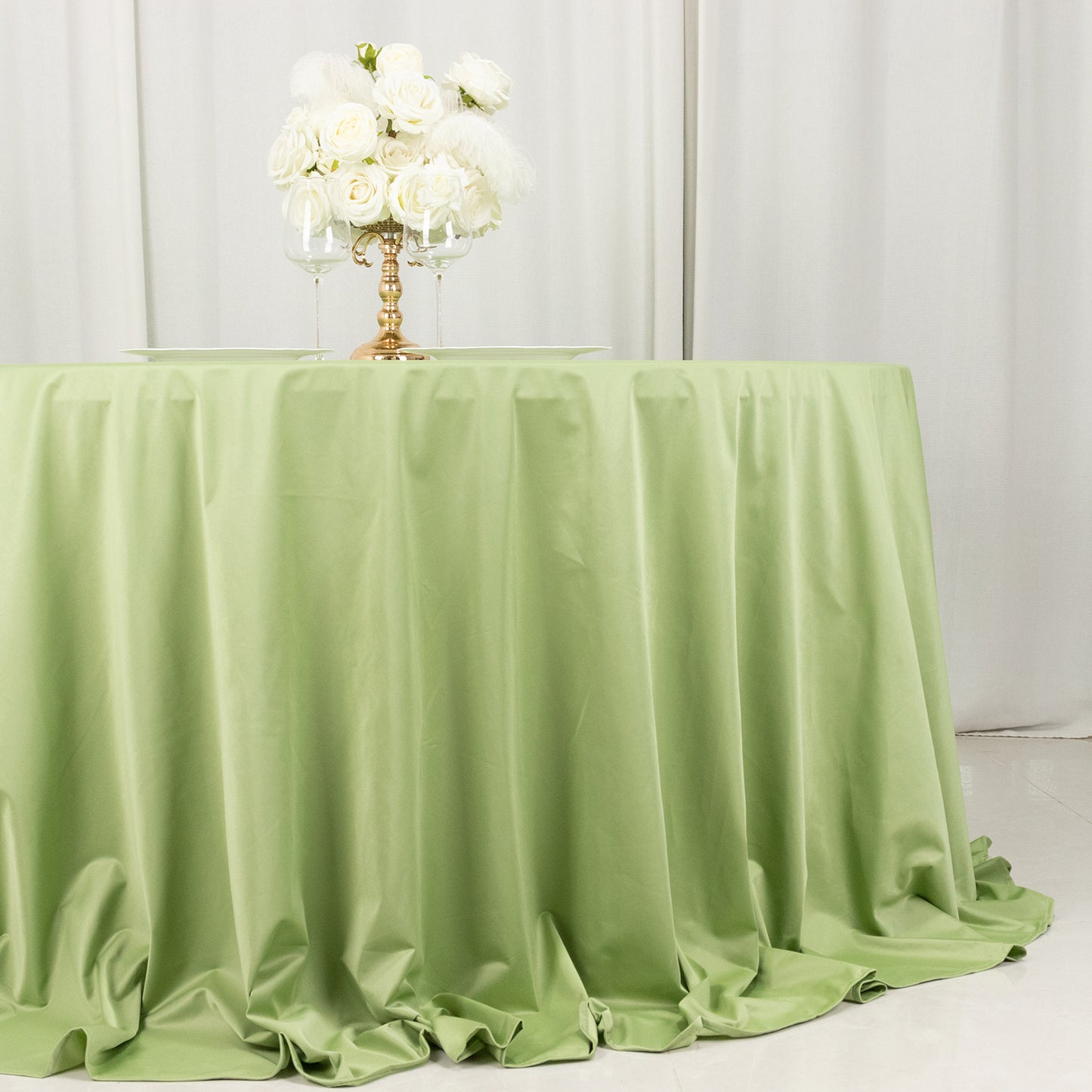 132" Sage Green Premium Scuba Wrinkle Free Round Tablecloth, Seamless Scuba Polyester Tablecloth