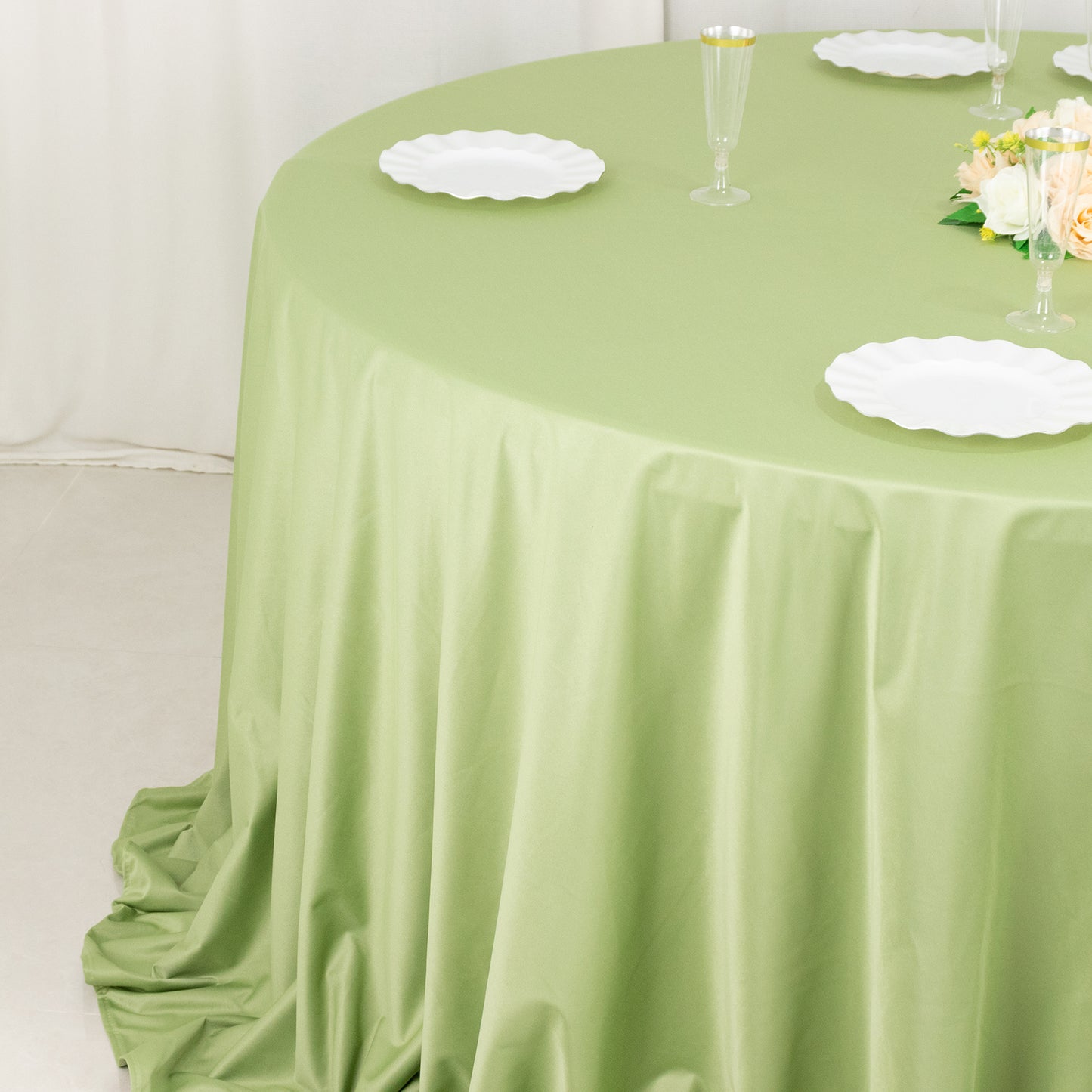 132" Sage Green Premium Scuba Wrinkle Free Round Tablecloth, Seamless Scuba Polyester Tablecloth